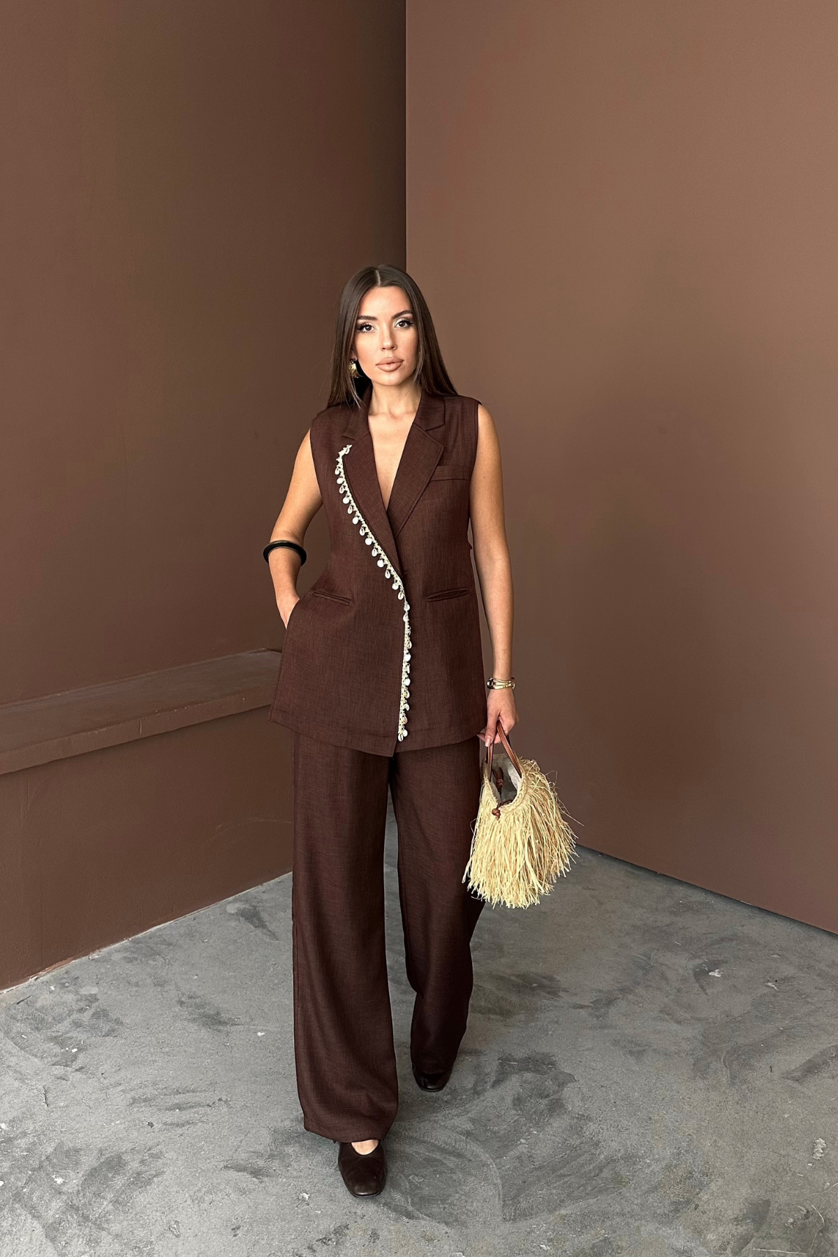 YAKA MİDYE KABUĞU SIRALI YELEK - PANTOLON TAKIM KETEN KUMAŞ - Kahverengi