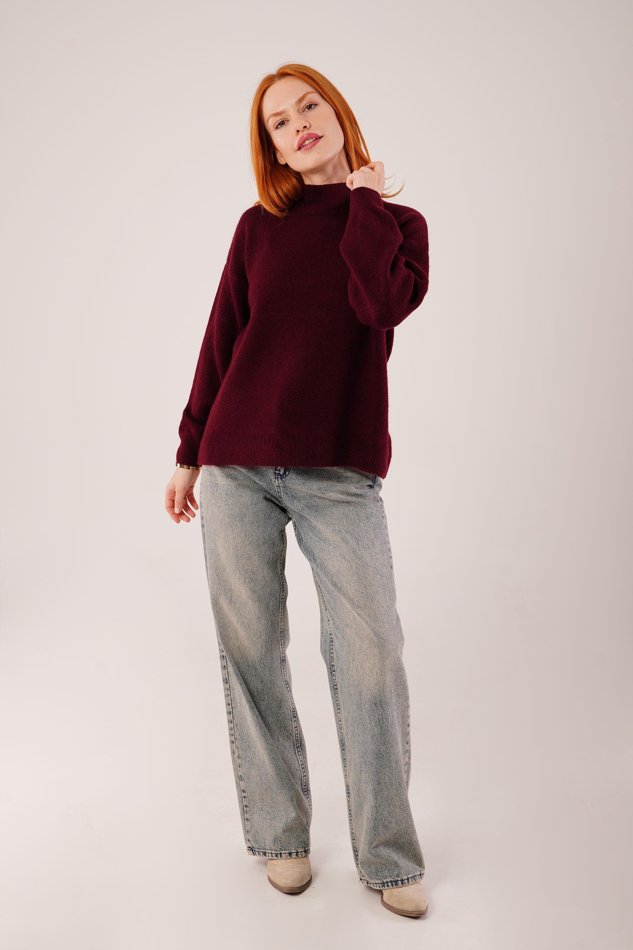 Yaka Ribanalı Basic Toptan Bordo Triko Kazak