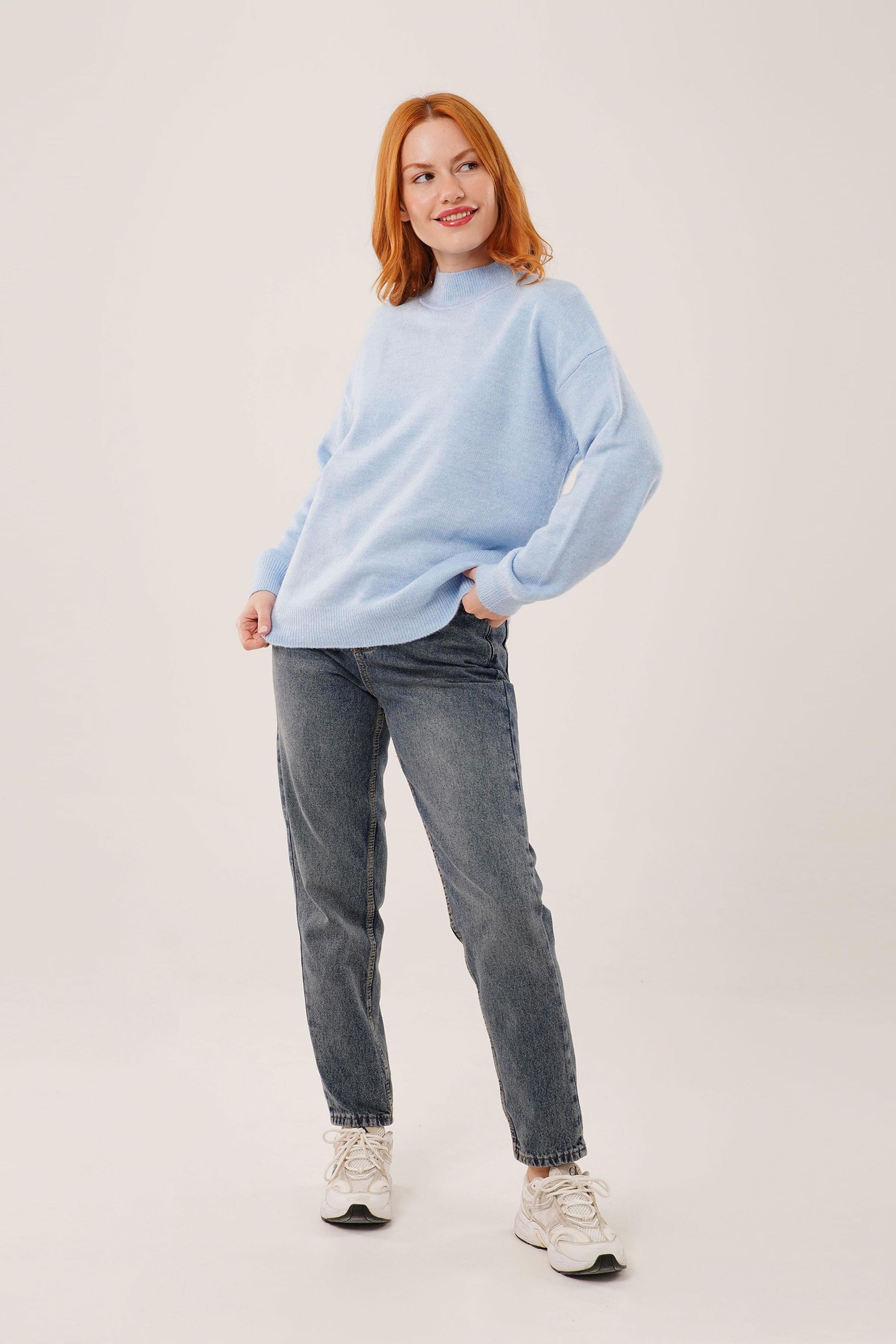 Yaka Ribanalı Basic Toptan Mavi Triko Kazak