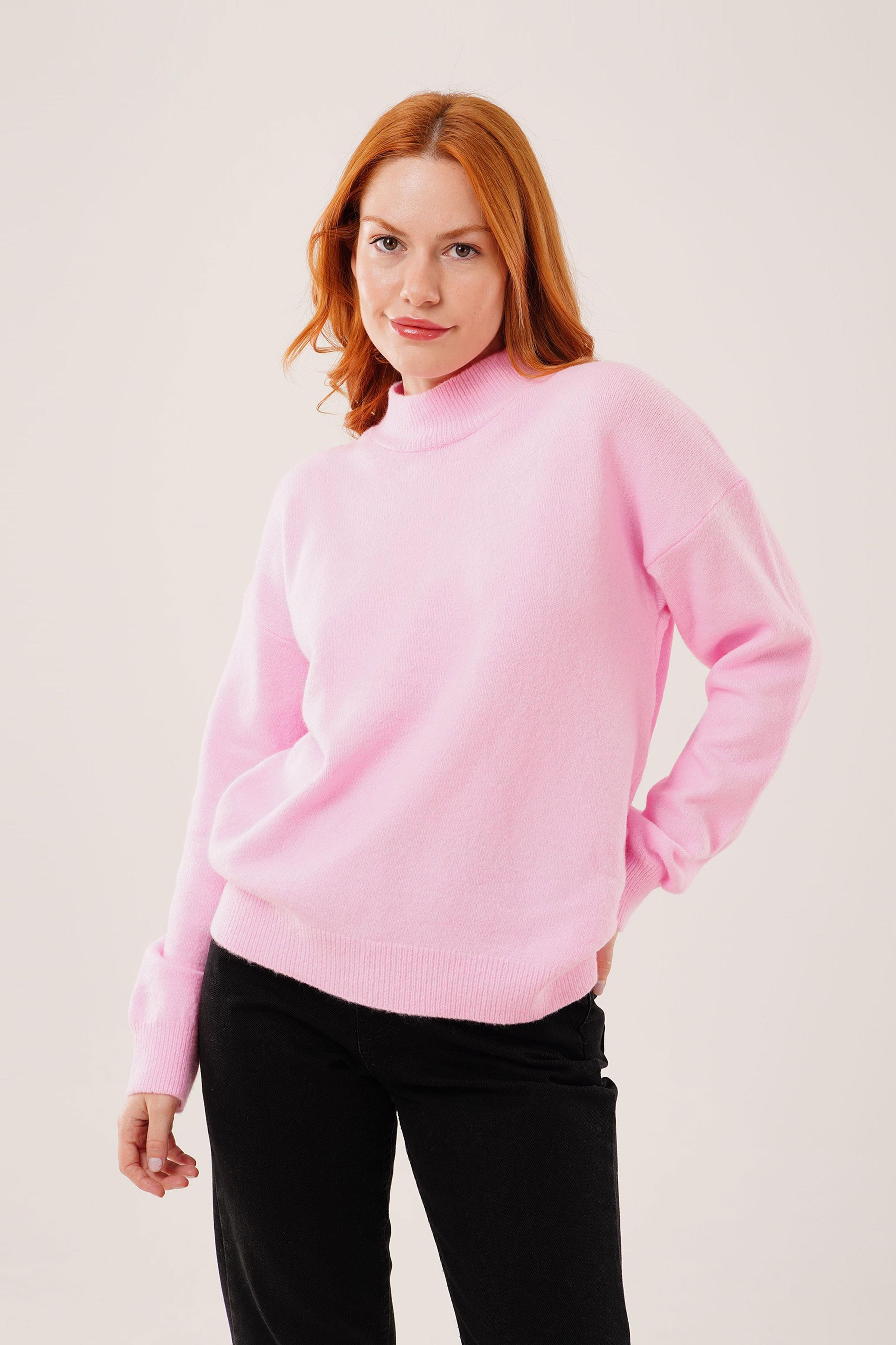 Yaka Ribanalı Basic Toptan Pembe Triko Kazak Pembe STD