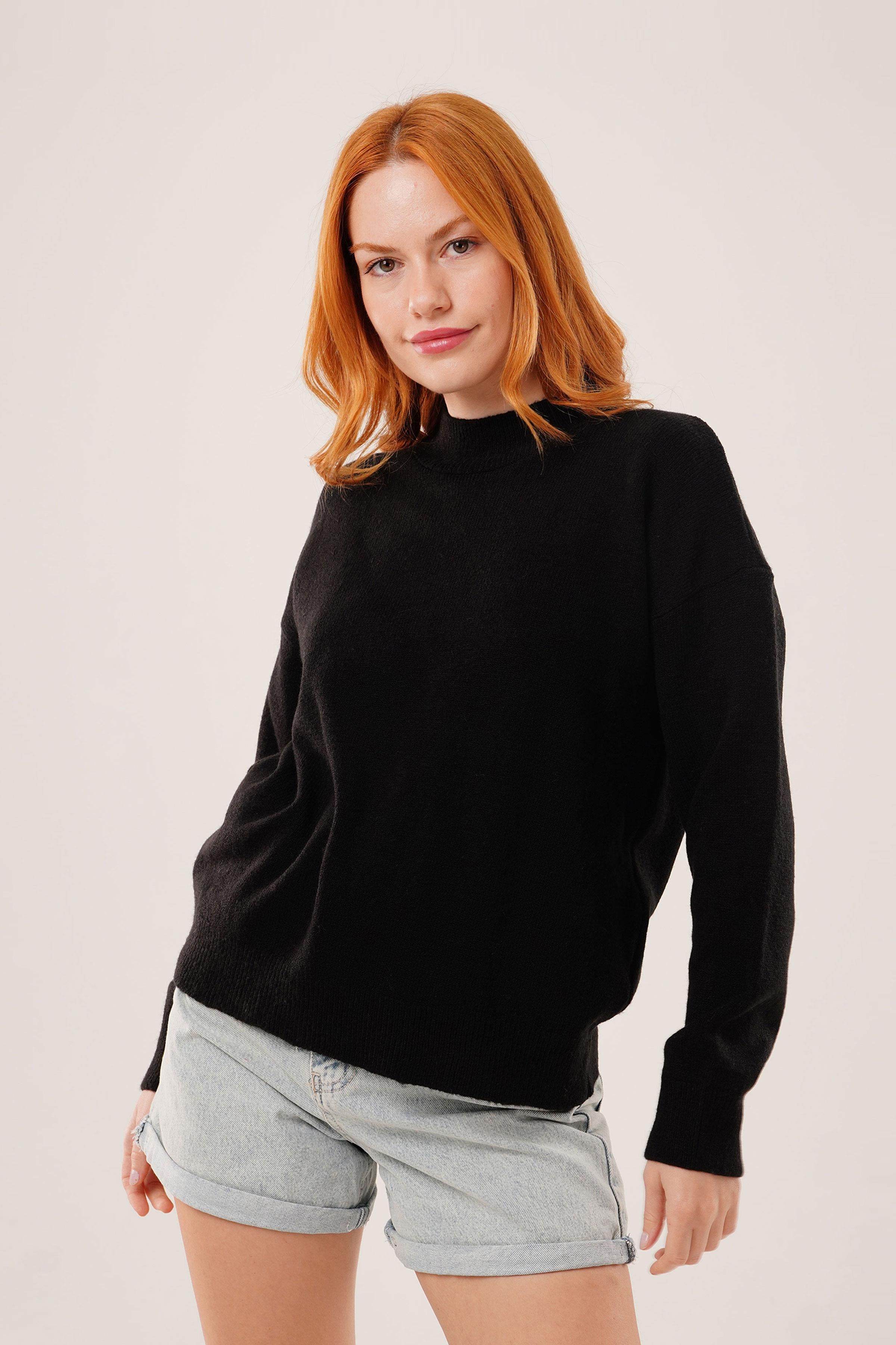 Yaka Ribanalı Basic Toptan Siyah Triko Kazak