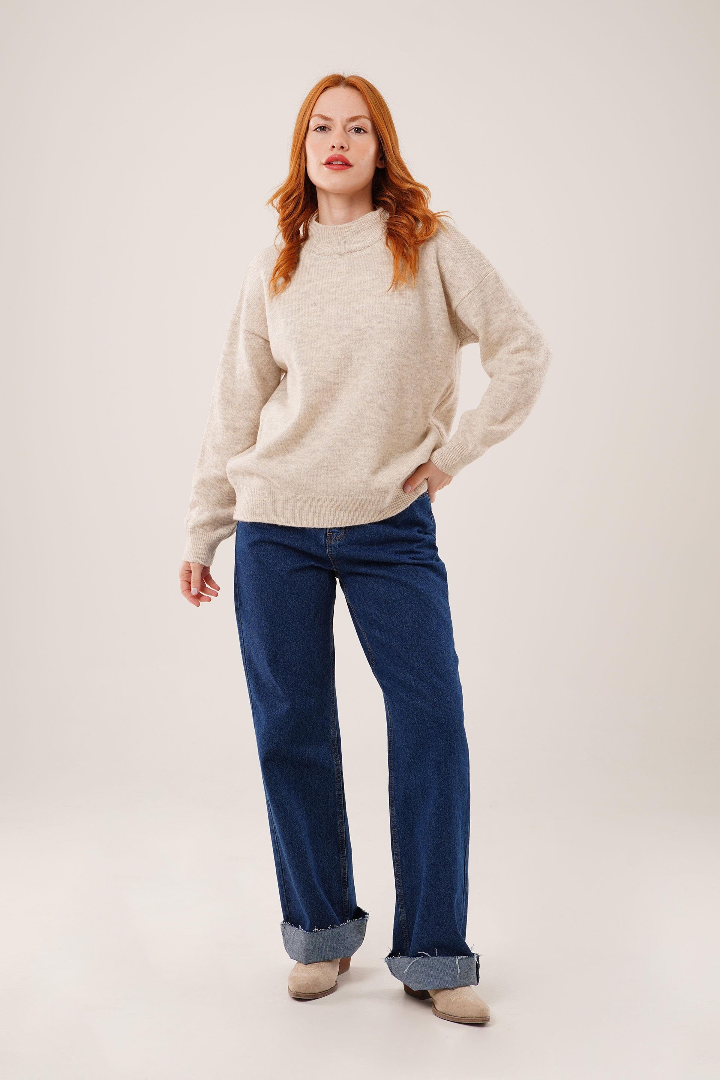 Yaka Ribanalı Basic Toptan Taş Triko Kazak