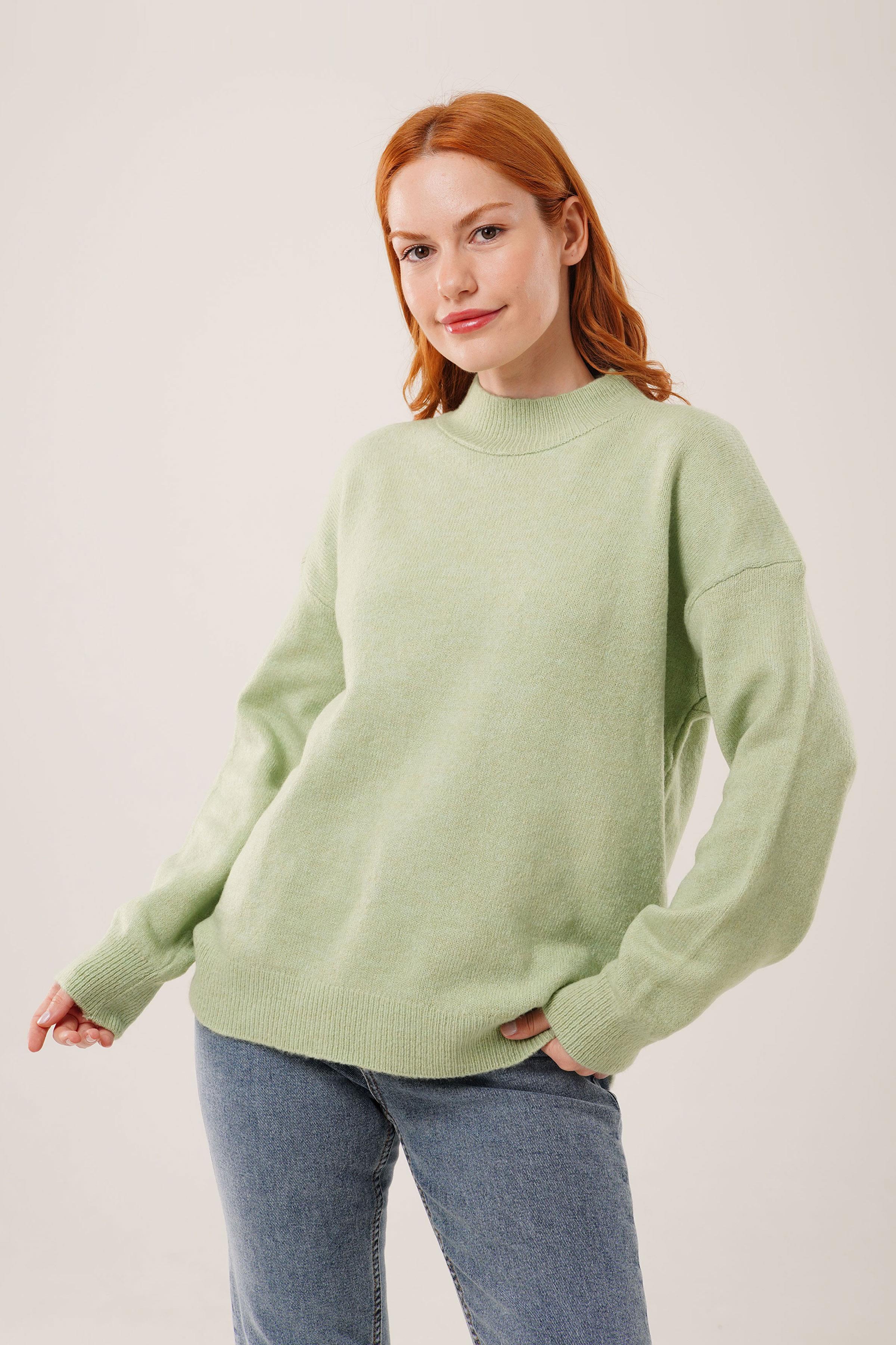 Yaka Ribanalı Basic Toptan Yeşil Triko Kazak Yeşil STD