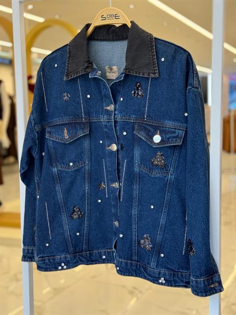 Yaka Siyah Garni Pul Payet Taşlı Oversize Denim Ceket 6125