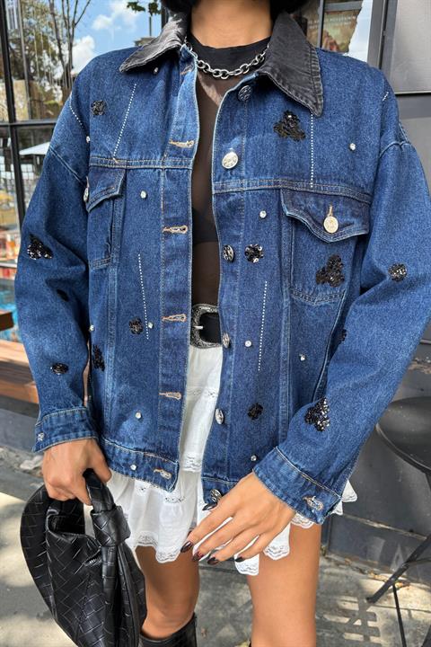 Yaka Siyah Garni Pul Payet Taşlı Oversize Denim Ceket 6125