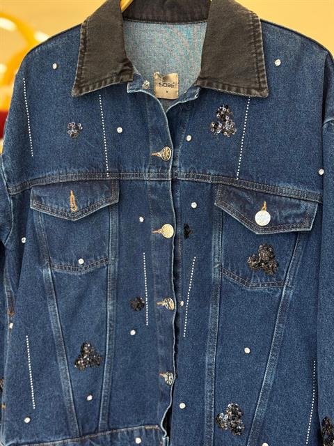 Yaka Siyah Garni Pul Payet Taşlı Oversize Denim Ceket 6125