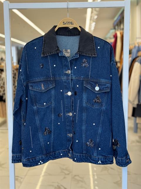 Yaka Siyah Garni Pul Payet Taşlı Oversize Denim Ceket 6125