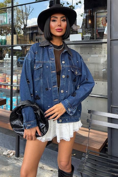 Yaka Siyah Garni Pul Payet Taşlı Oversize Denim Ceket 6125 DENİM L