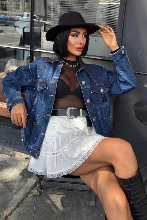Yaka Siyah Garni Pul Payet Taşlı Oversize Denim Ceket 6125