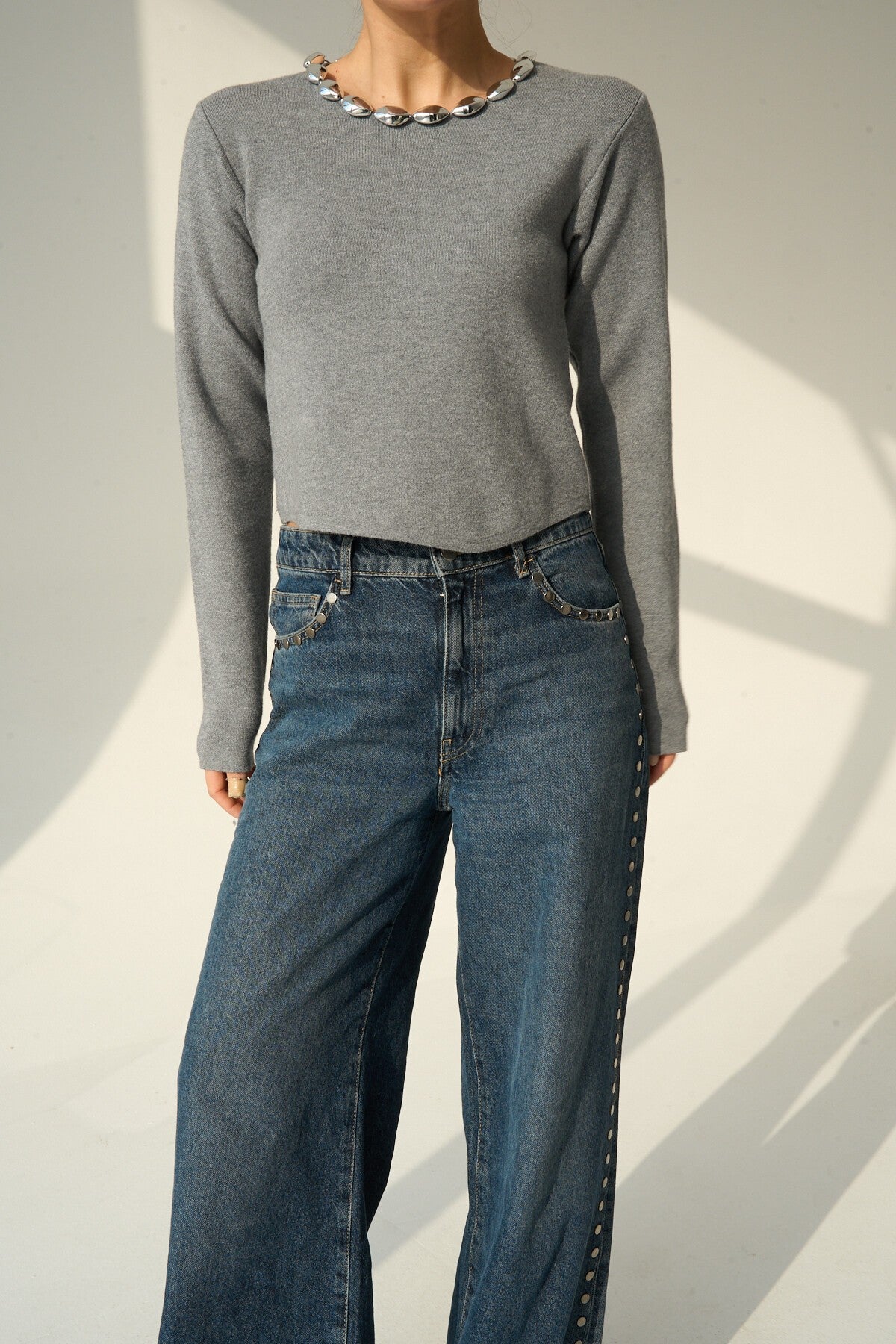 Dark Grey Beaded Collar Knit Sweater