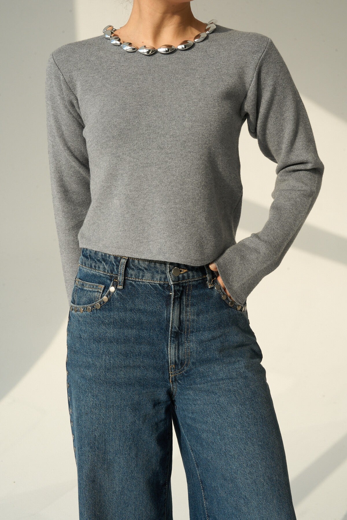 Dark Grey Beaded Collar Knit Sweater