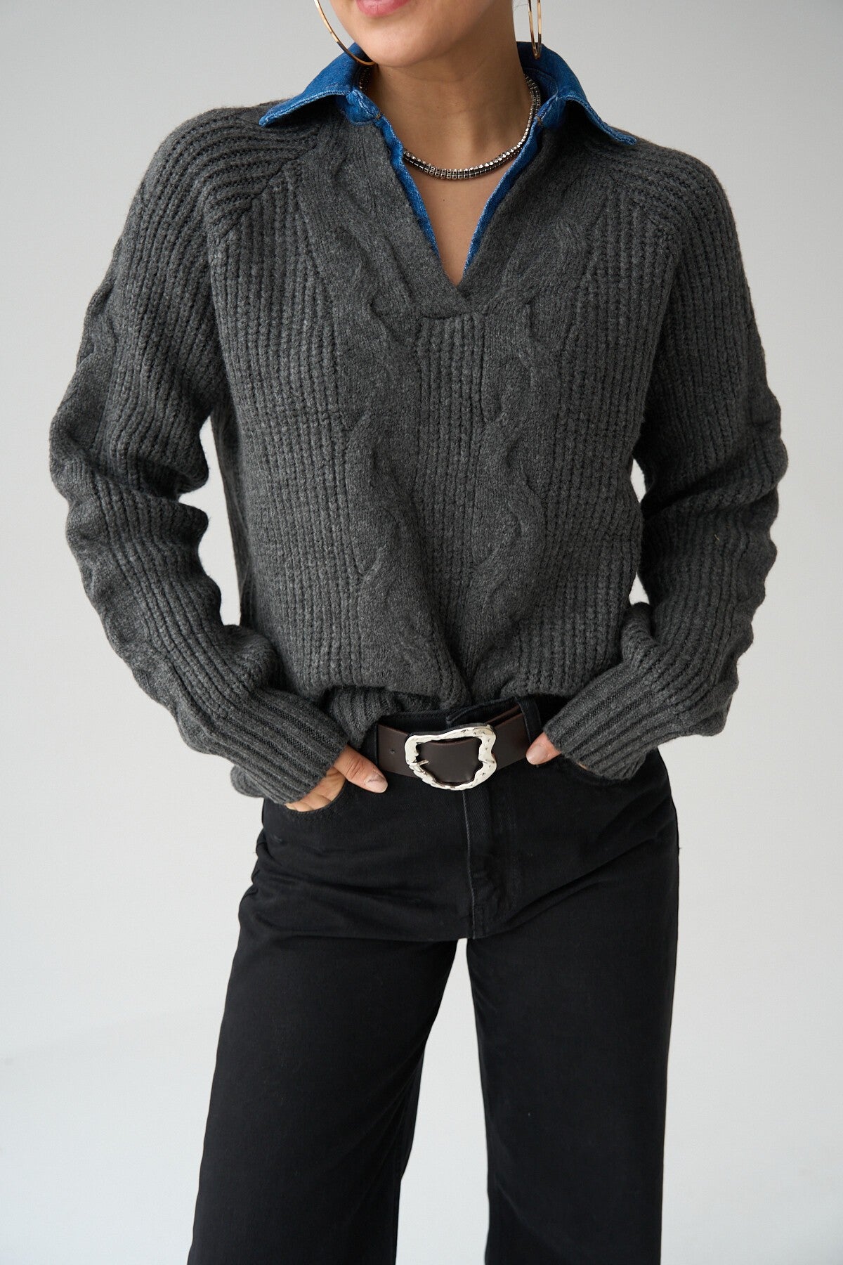 Anthracite-Brown Collared Denim Sweater