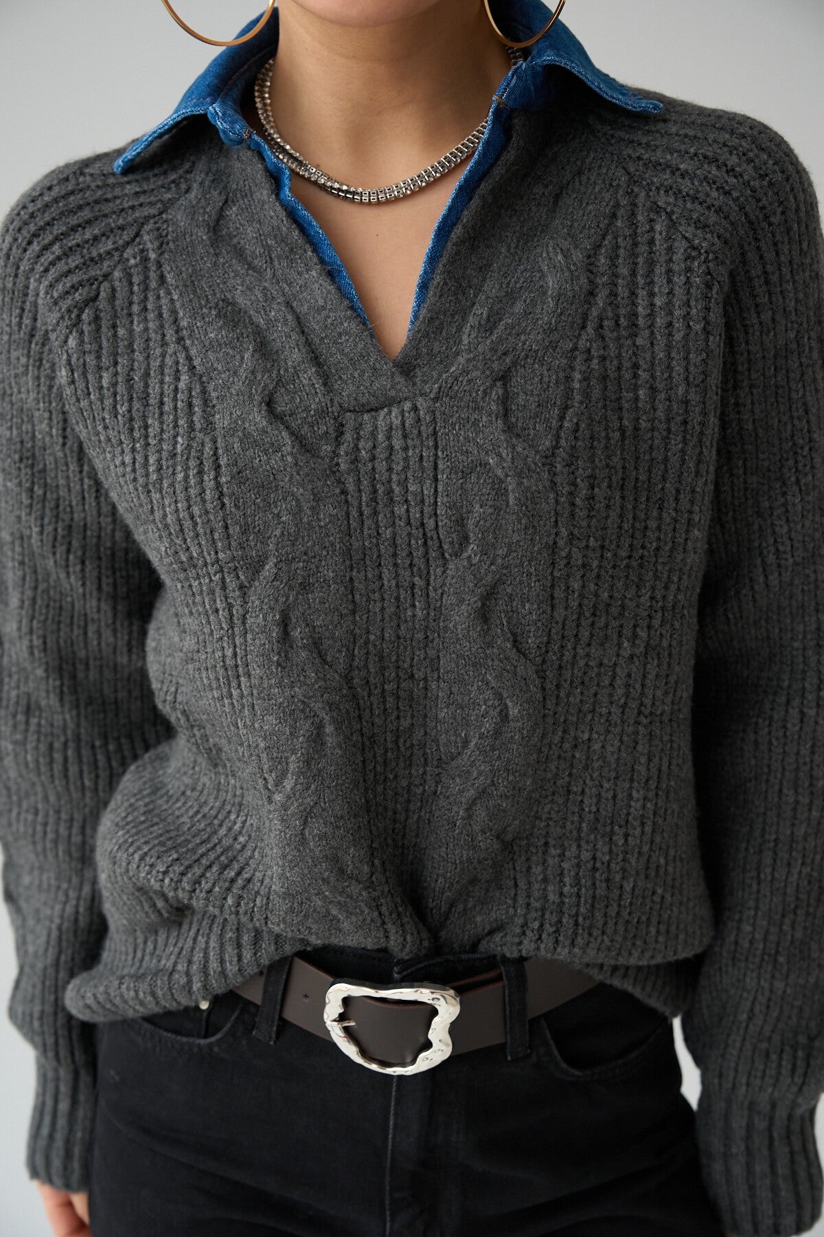 Anthracite-Brown Collared Denim Sweater