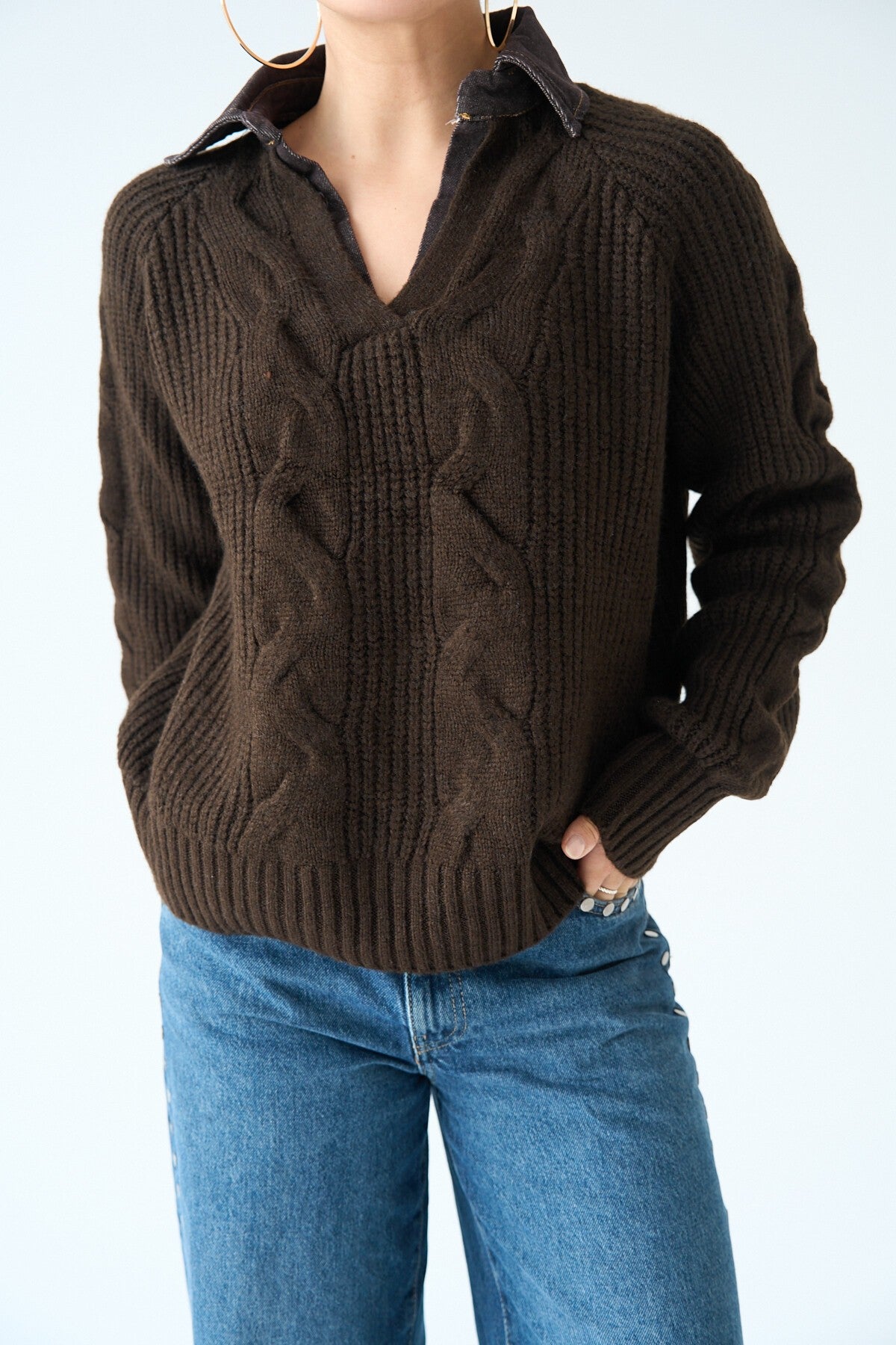 Dark Coffee-Coffee Collar Denim Sweater