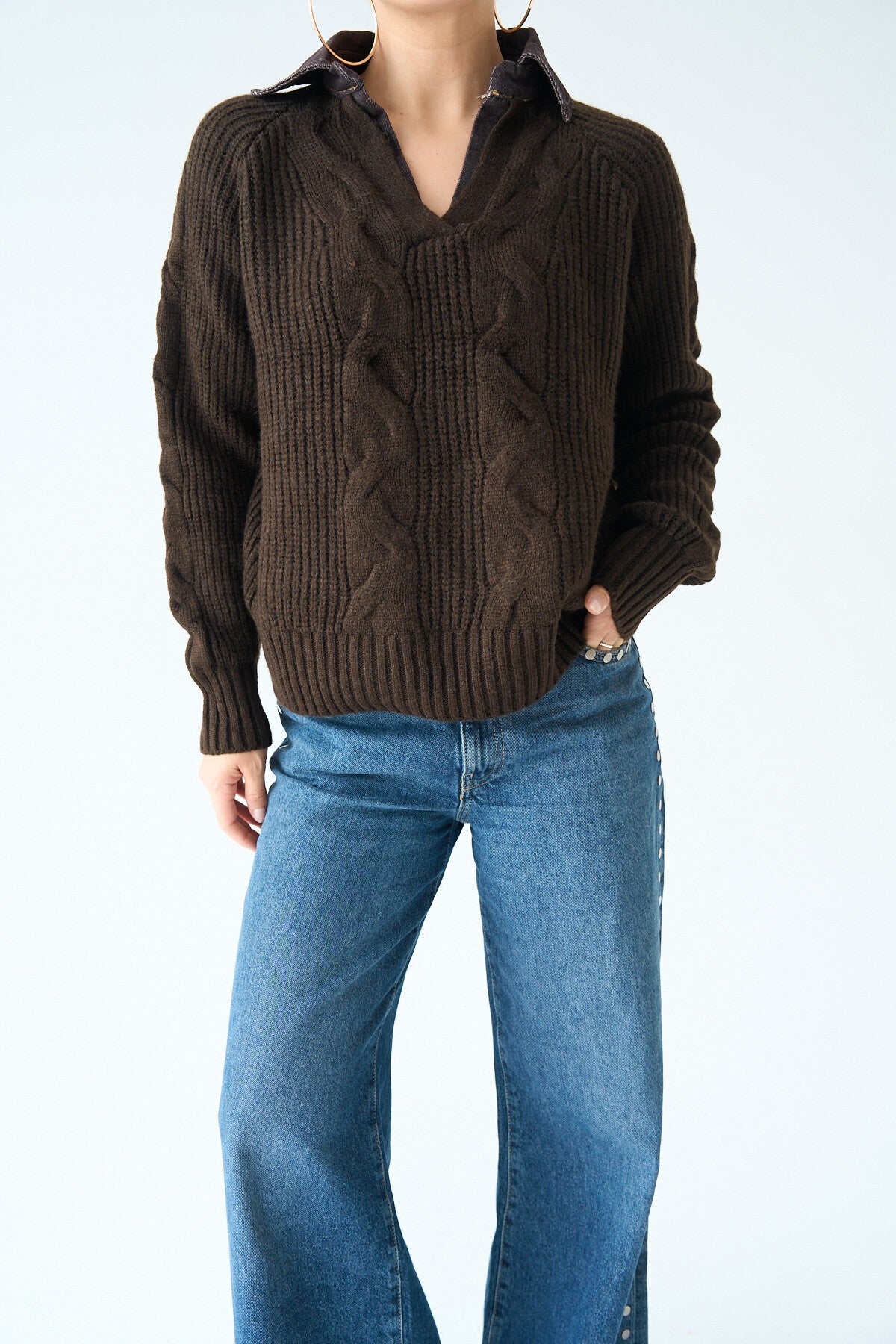 Dark Coffee-Coffee Collar Denim Sweater