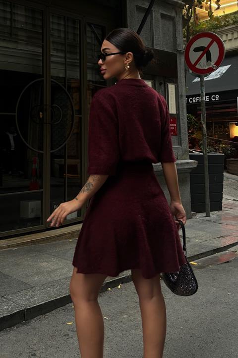 Yakası Taşlı Şardonlu Mini Etekli Takım 10002 BORDO STD