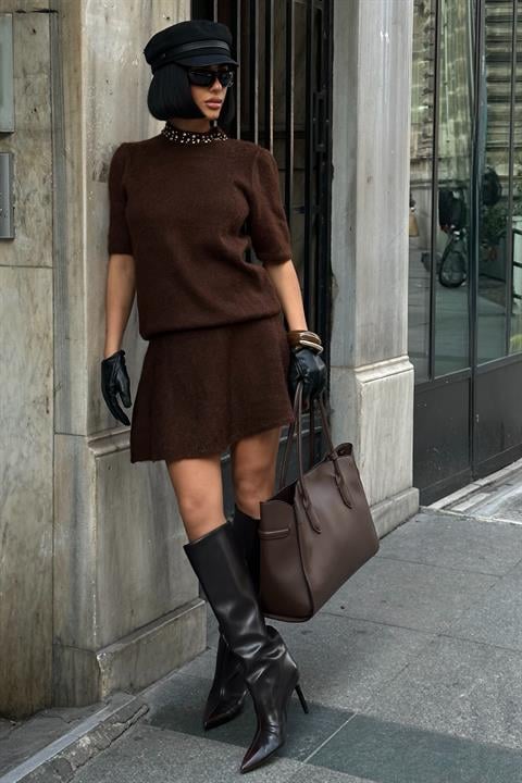 Yakası Taşlı Şardonlu Mini Etekli Takım 10002