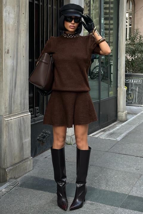 Yakası Taşlı Şardonlu Mini Etekli Takım 10002 KAHVERENGİ STD