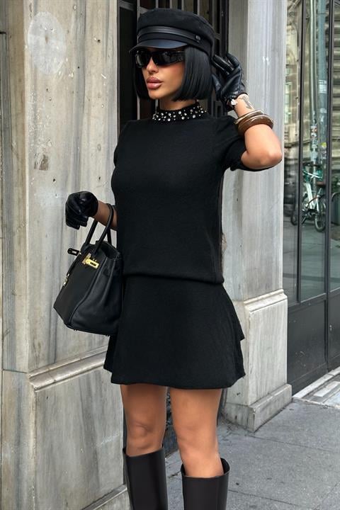 Yakası Taşlı Şardonlu Mini Etekli Takım 10002