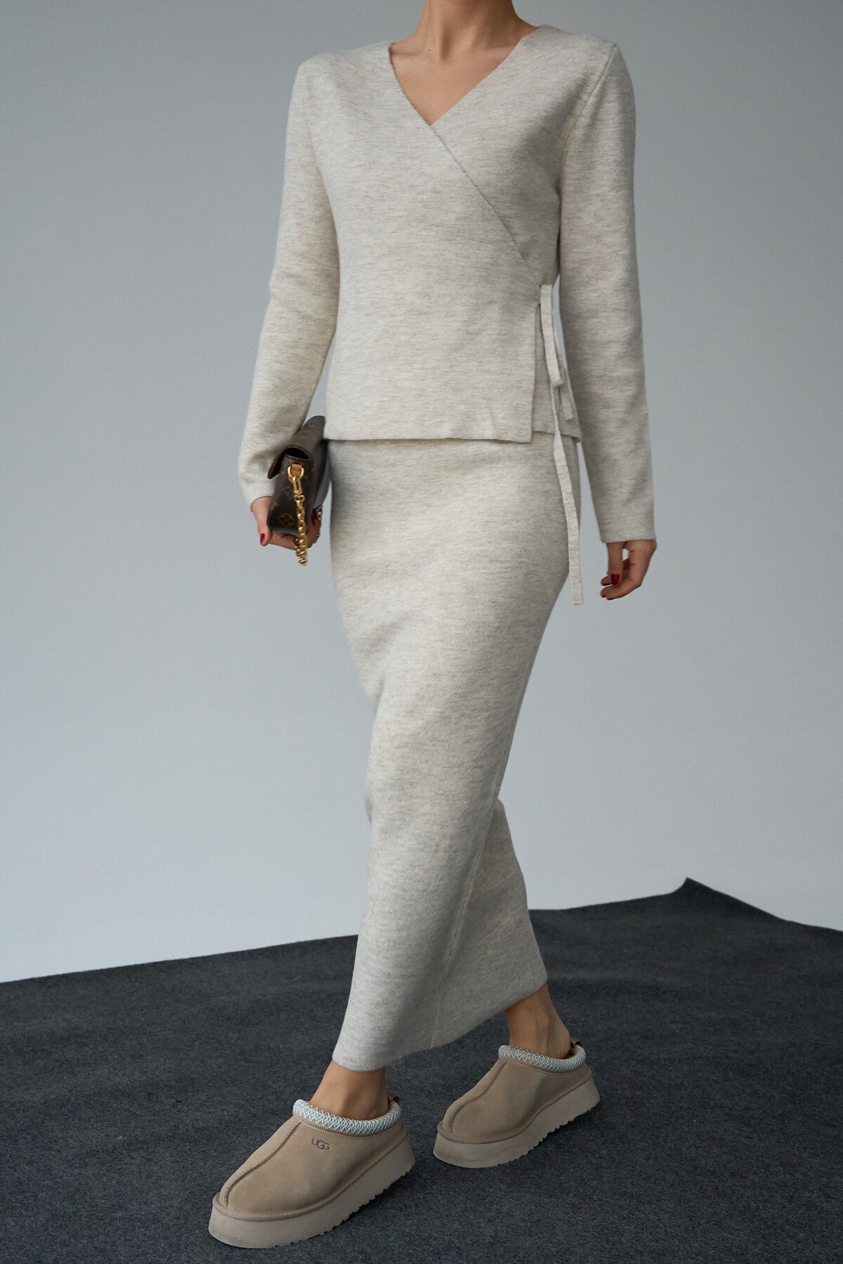 Light Beige Tie-Side Skirt Set