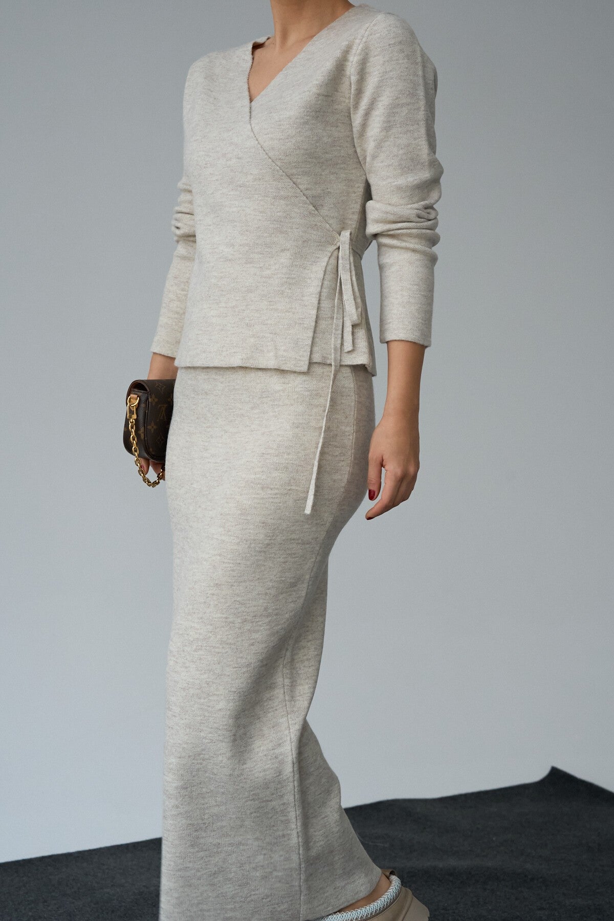 Light Beige Tie-Side Skirt Set