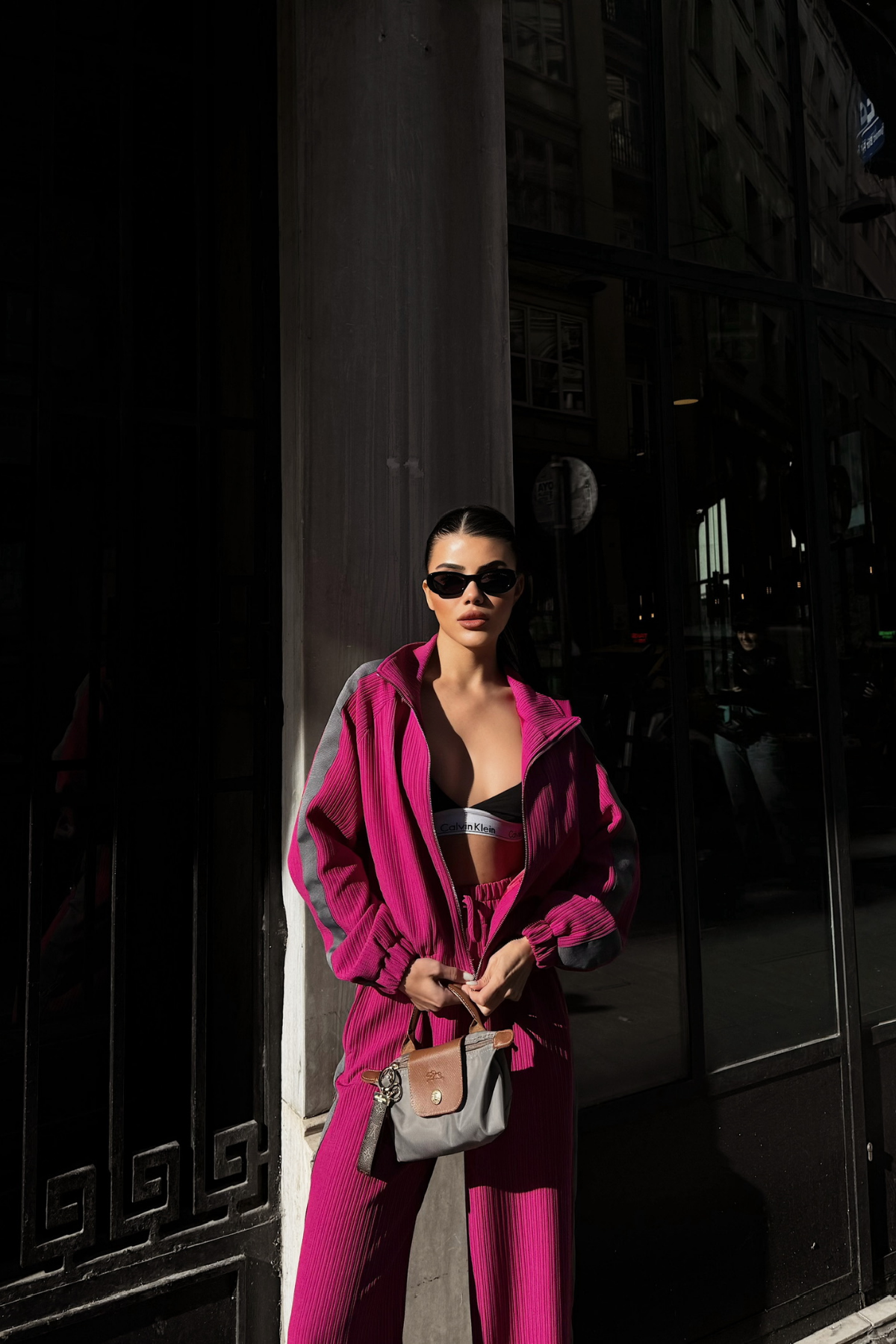 YANLARI ŞERİT DETAYLI OTTOMAN KAPİŞONLU EŞOFMAN TAKIM - Fuşya