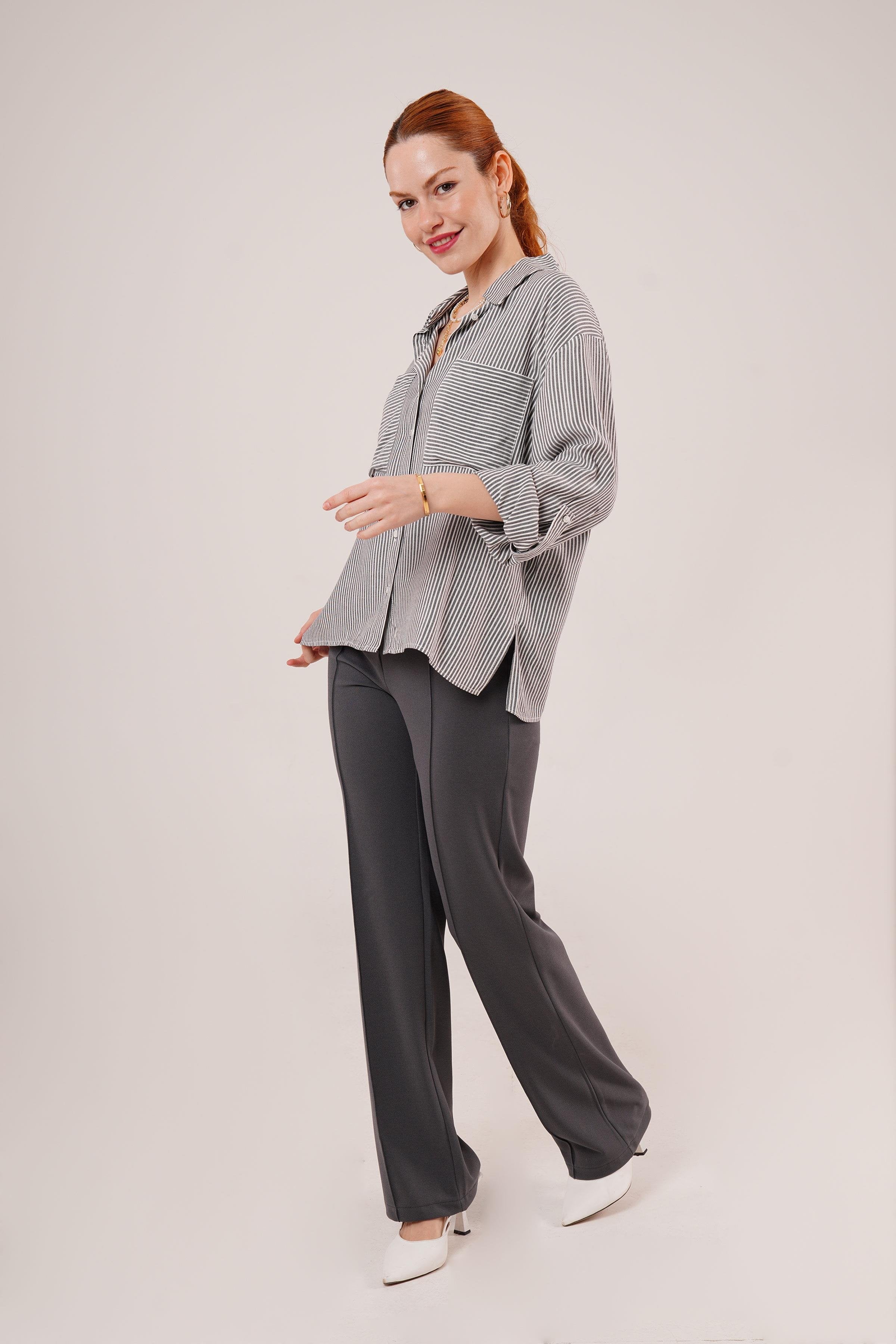 Yarasa Kol Çizgili Cep Detaylı Toptan Gri Gömlek