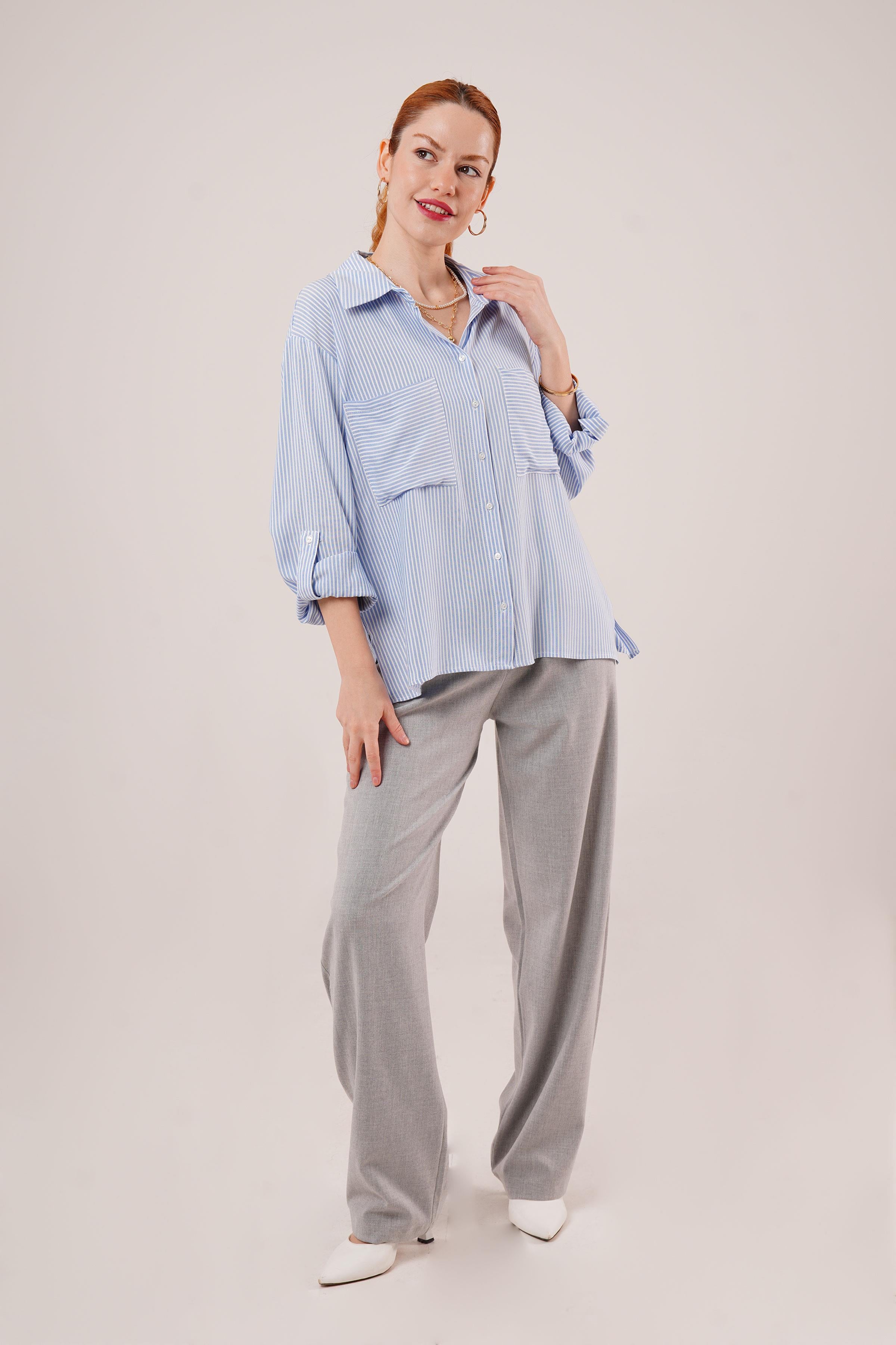 Yarasa Kol Çizgili Cep Detaylı Toptan Mavi Gömlek