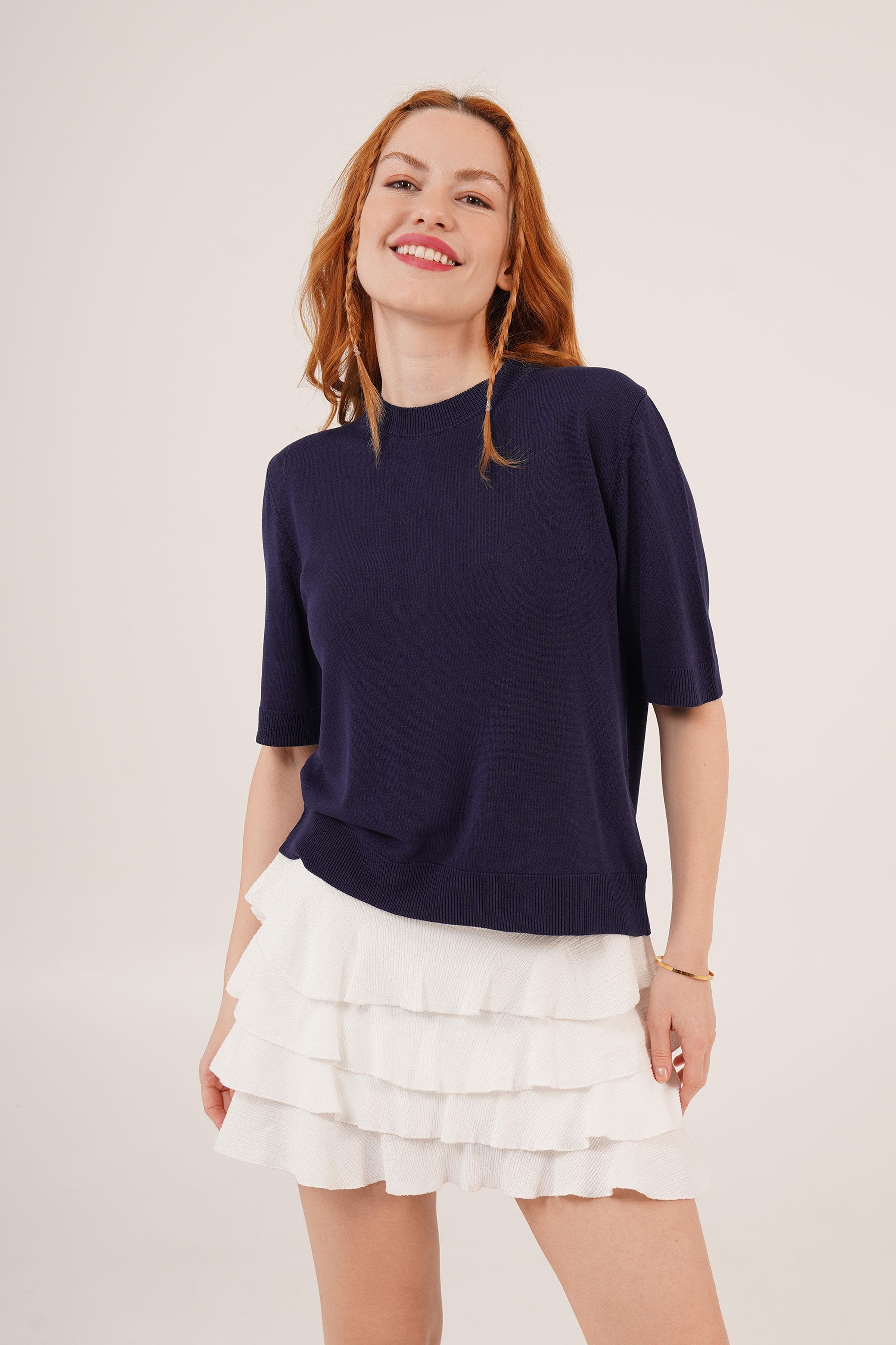 Yarım Kol Yuvarlak Yaka Likralı Toptan İnce Lacivert Triko Bluz Lacivert STD