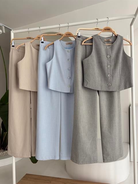 Yelek Plazzo Pantolon Çizgili Flamlı Poliviscon Takım 10178