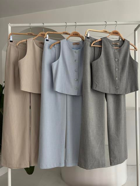 Yelek Plazzo Pantolon Çizgili Flamlı Poliviscon Takım 10178