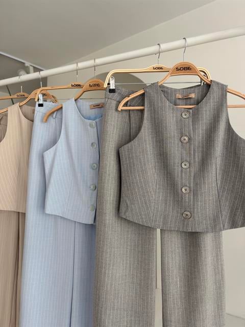 Yelek Plazzo Pantolon Çizgili Flamlı Poliviscon Takım 10178