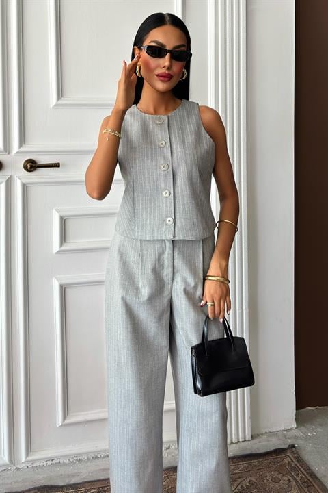 Yelek Plazzo Pantolon Çizgili Flamlı Poliviscon Takım 10178