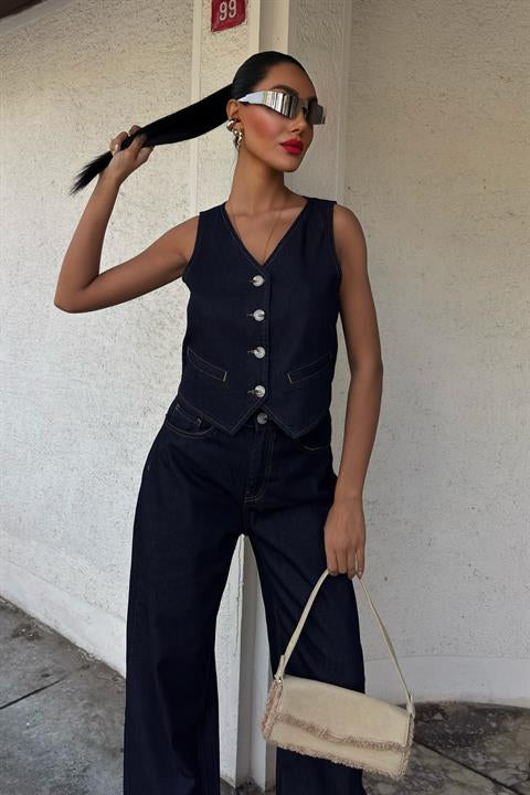 Yelek ve Palazzo Pantolonlu Denim Takım 10104