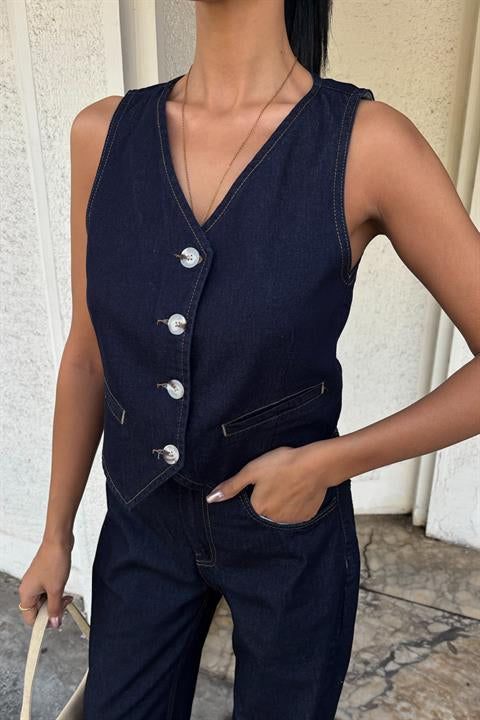 Yelek ve Palazzo Pantolonlu Denim Takım 10104