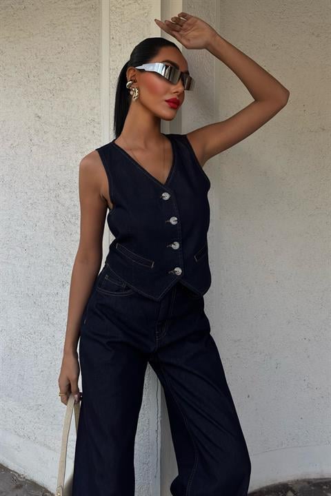 Yelek ve Palazzo Pantolonlu Denim Takım 10104