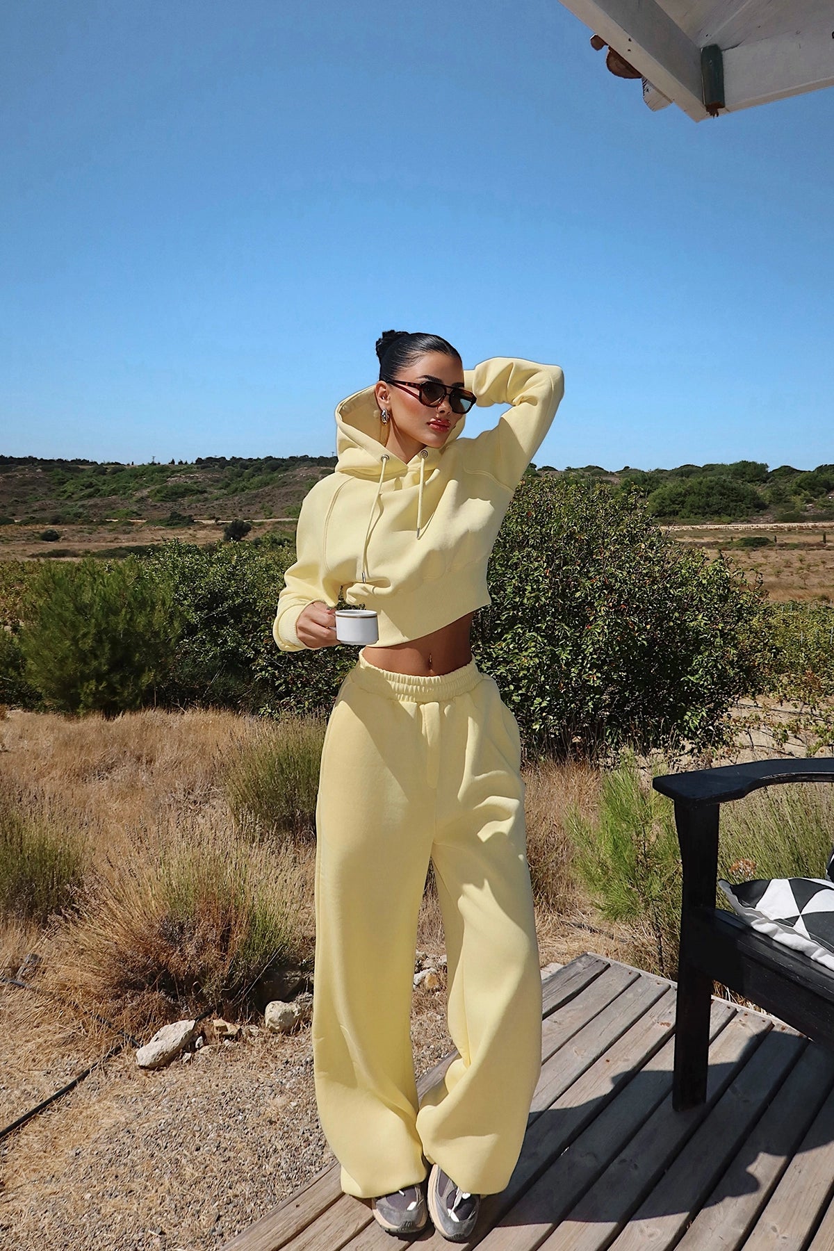 Sarı Scarf Kapşonlu Eşofman Takım