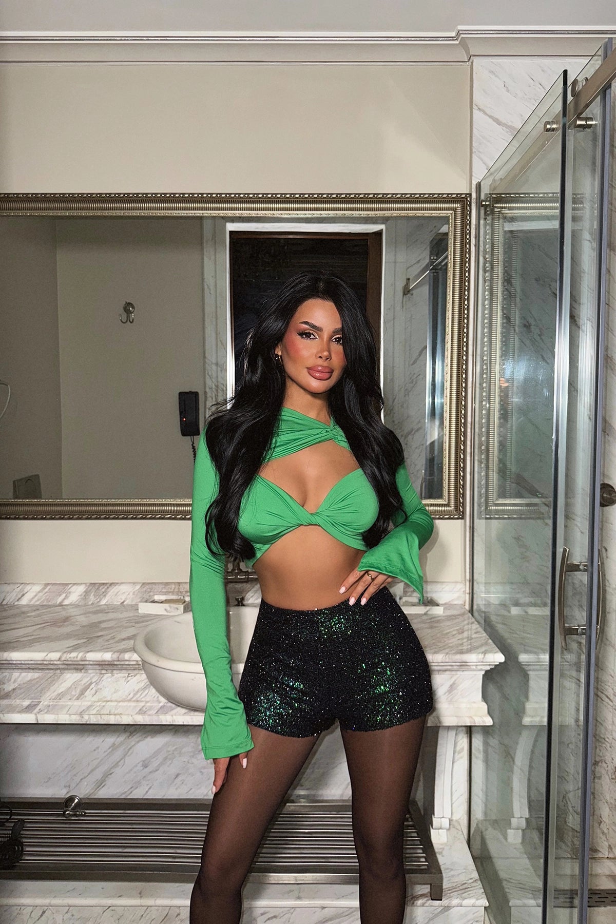 Green Sequin Detail Shorts