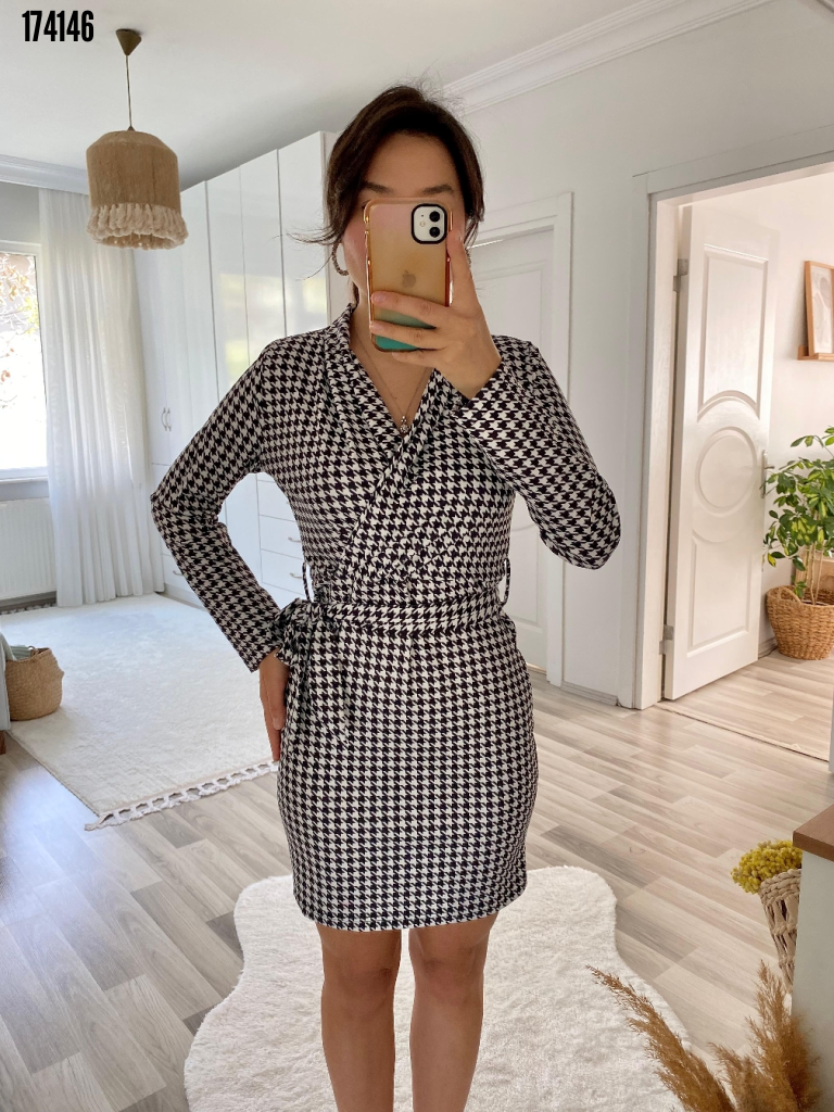 Kadın Uzun Kollu Kruvaze Yaka Bağlamalı Kemer Dalgıç Mini Boy Elbise, 38313
