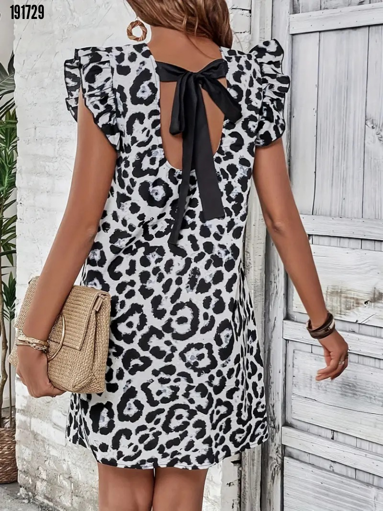 Kadın Kısa Kollu Kolları Fırfır Detay Arkası Bağlamalı Leopar Desen Kolsuz Mini Mikro Elbise, 38368