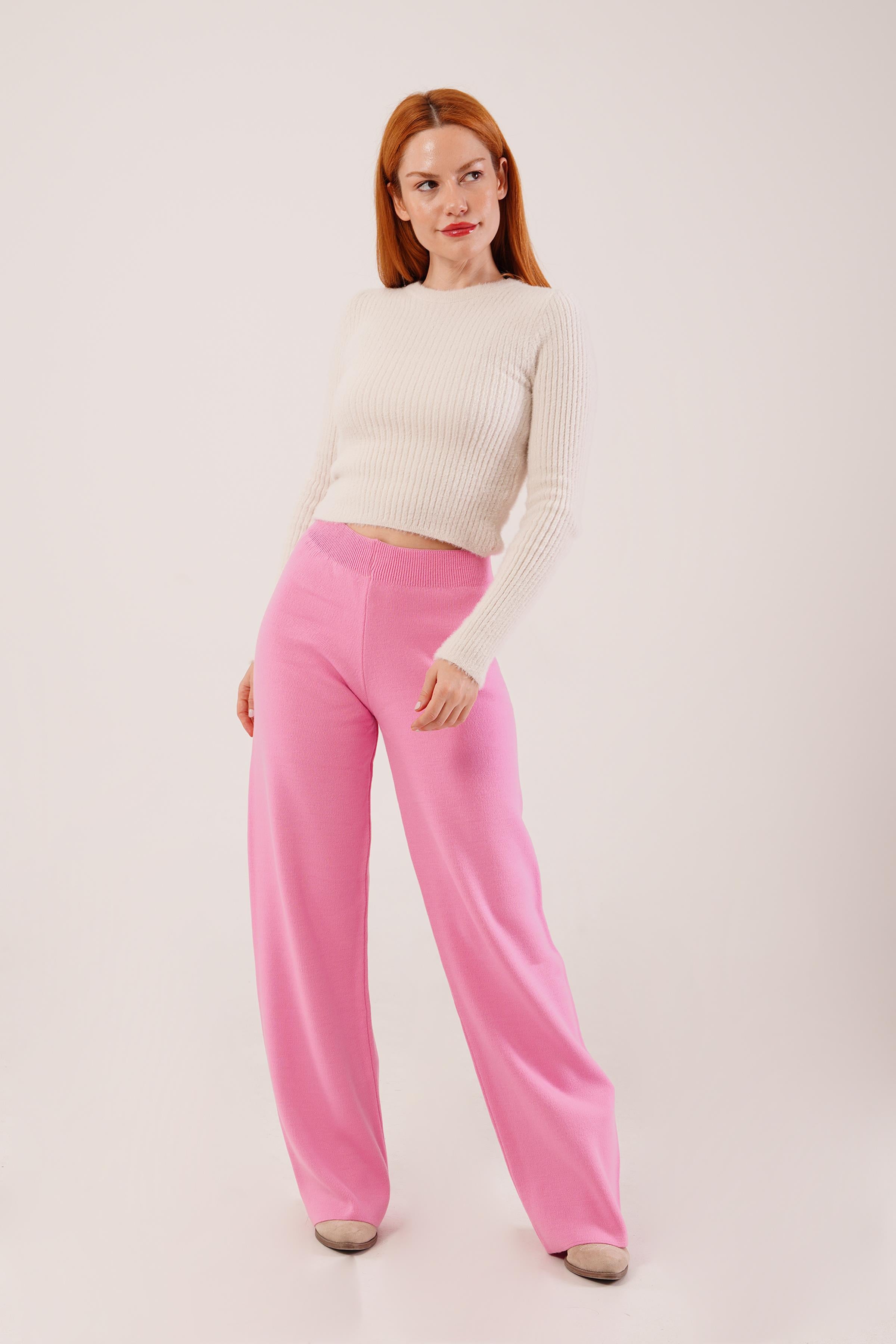 Yüksek Bel Bol Paça Pembe Toptan Triko Pantolon Pembe STD