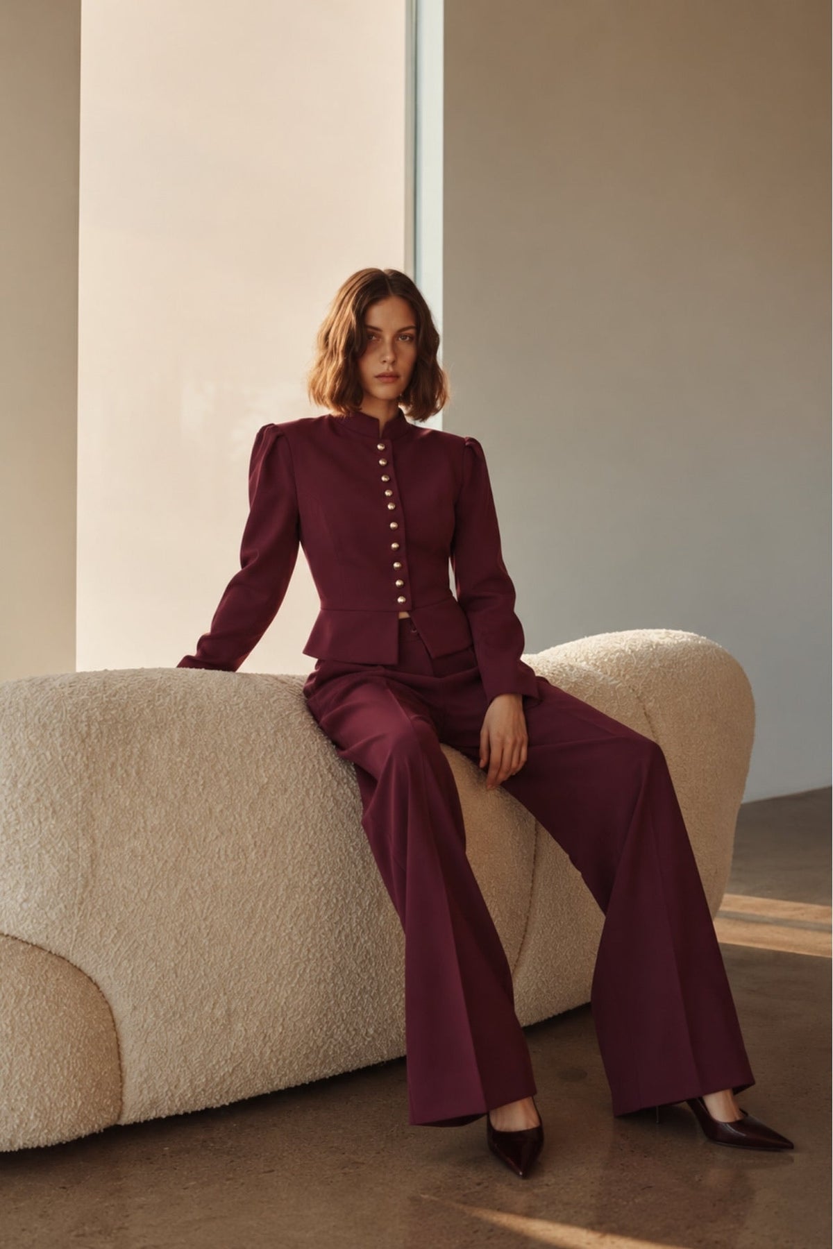 Crew Neck Button Detail Jacket Pleated Trousers Two-Piece Set - Burgundy