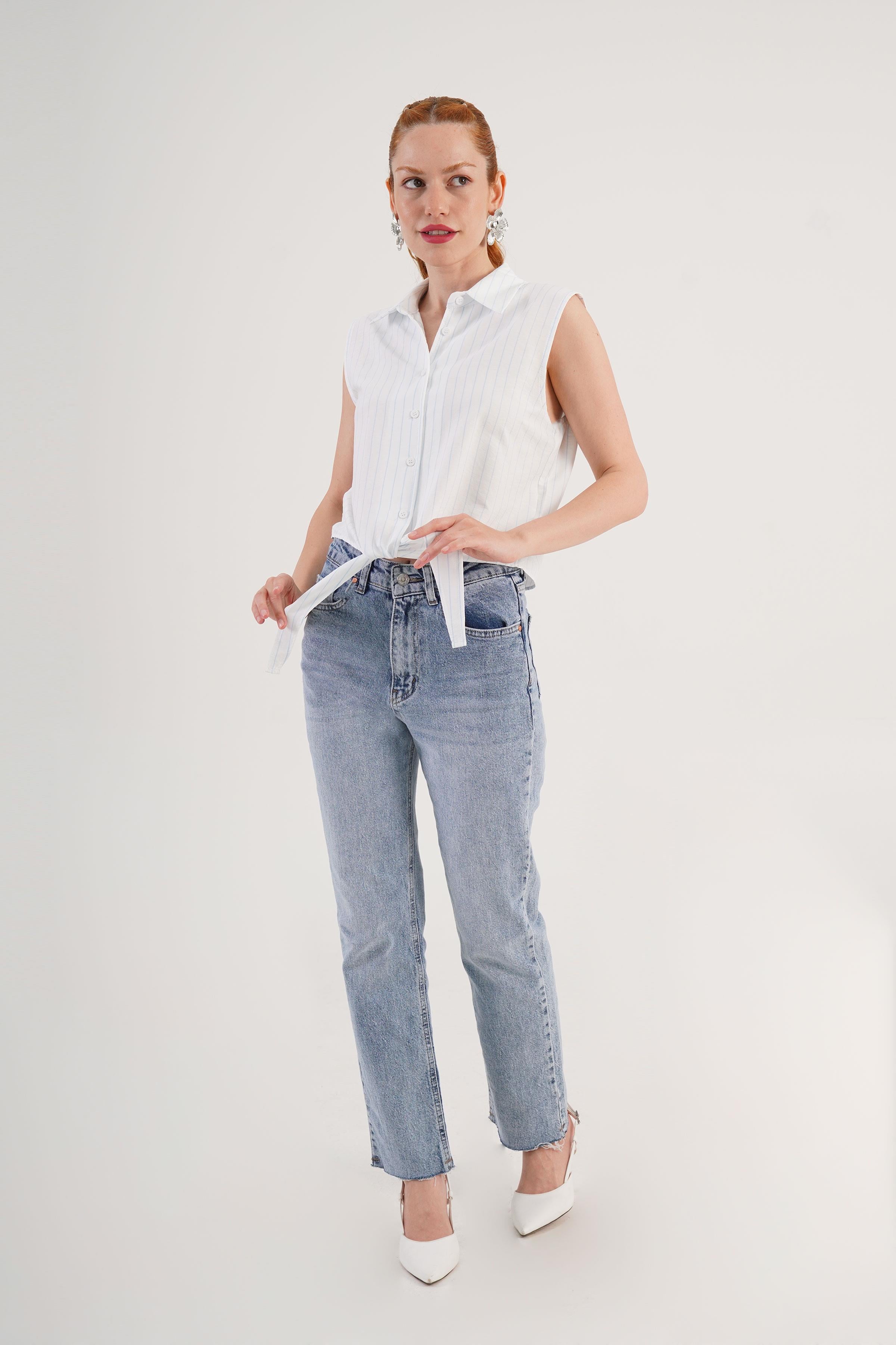 Kolsuz Model Mavi Çizgili Toptan Gömlek