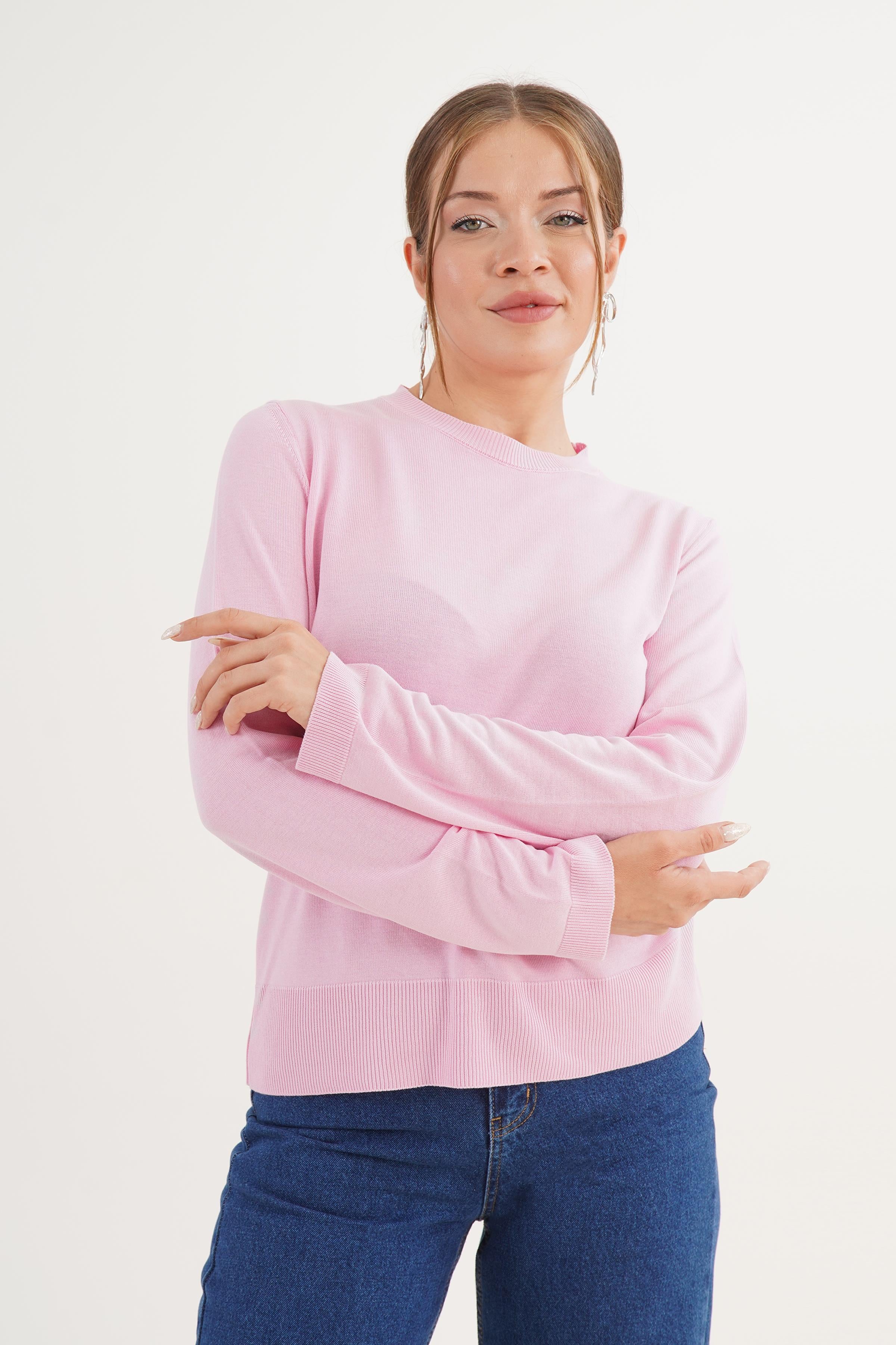 Yuvarlak Yaka İnce Triko Pembe Toptan Kazak