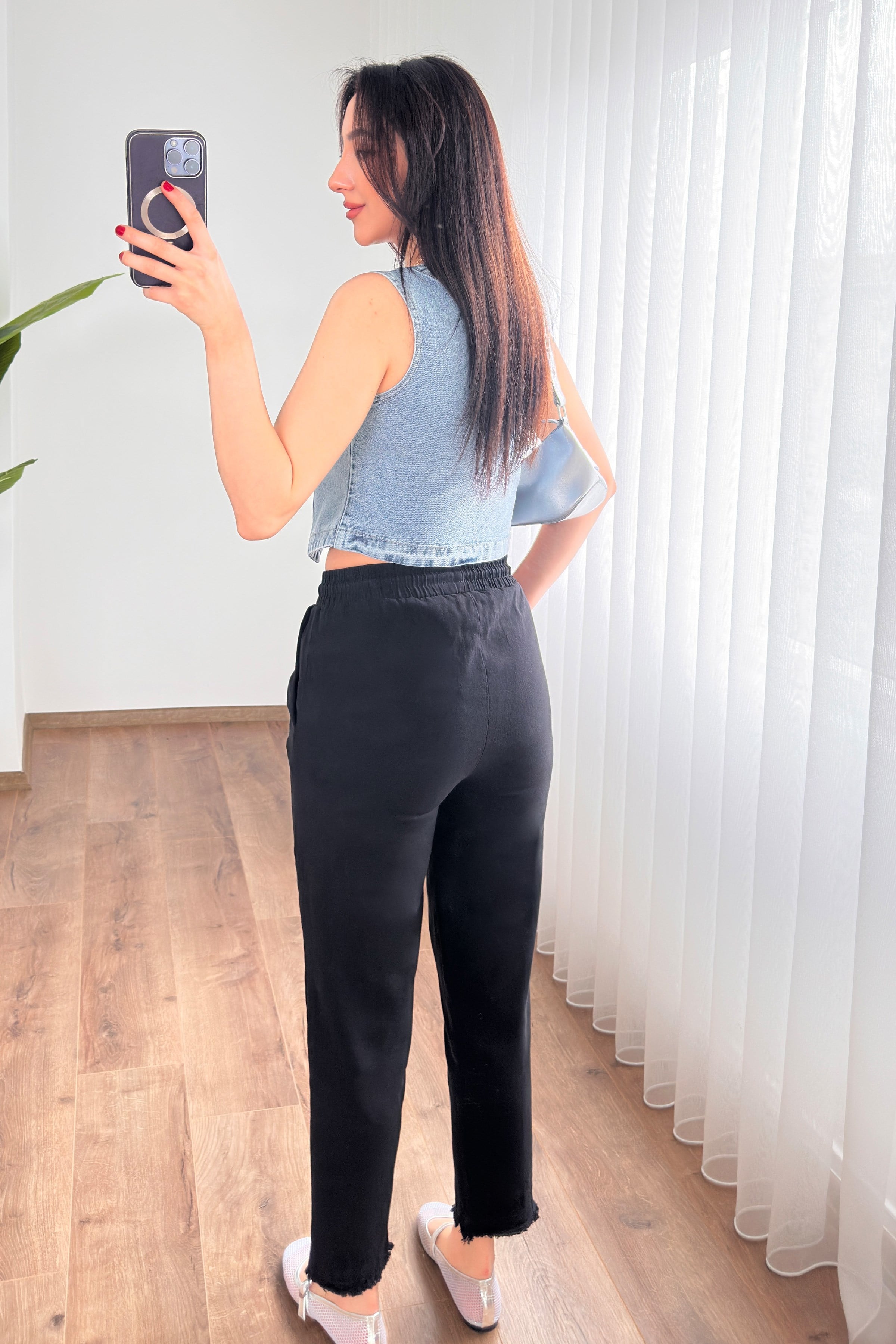 Paça Detaylı Belden Bağlamalı Toptan Siyah Pantolon