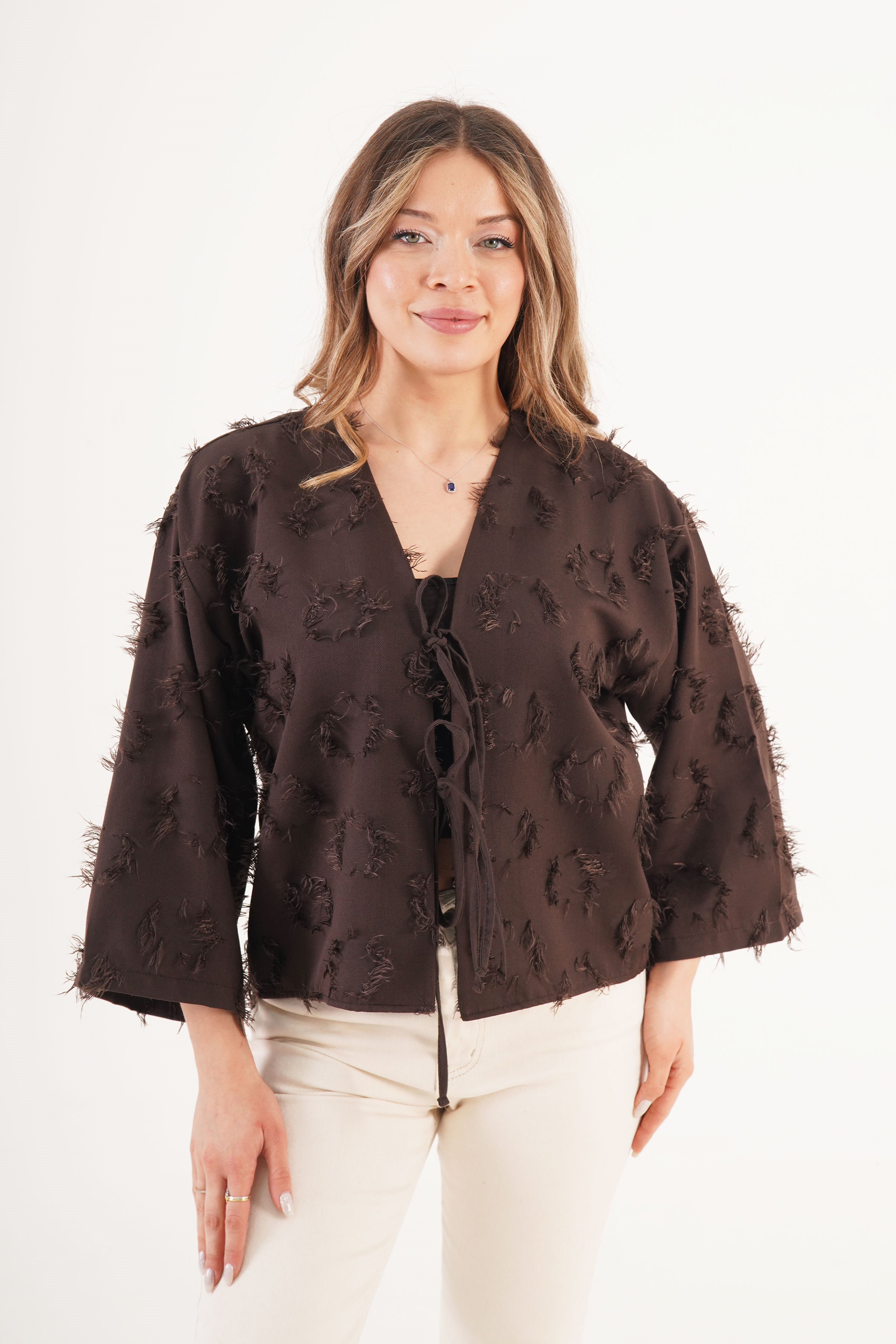 Saçaklı İp Bağlamalı Toptan Kahve Kimono