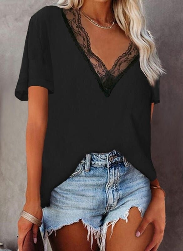 Women's Short Sleeve Lace V-Neck Sandy Blouse, 6330