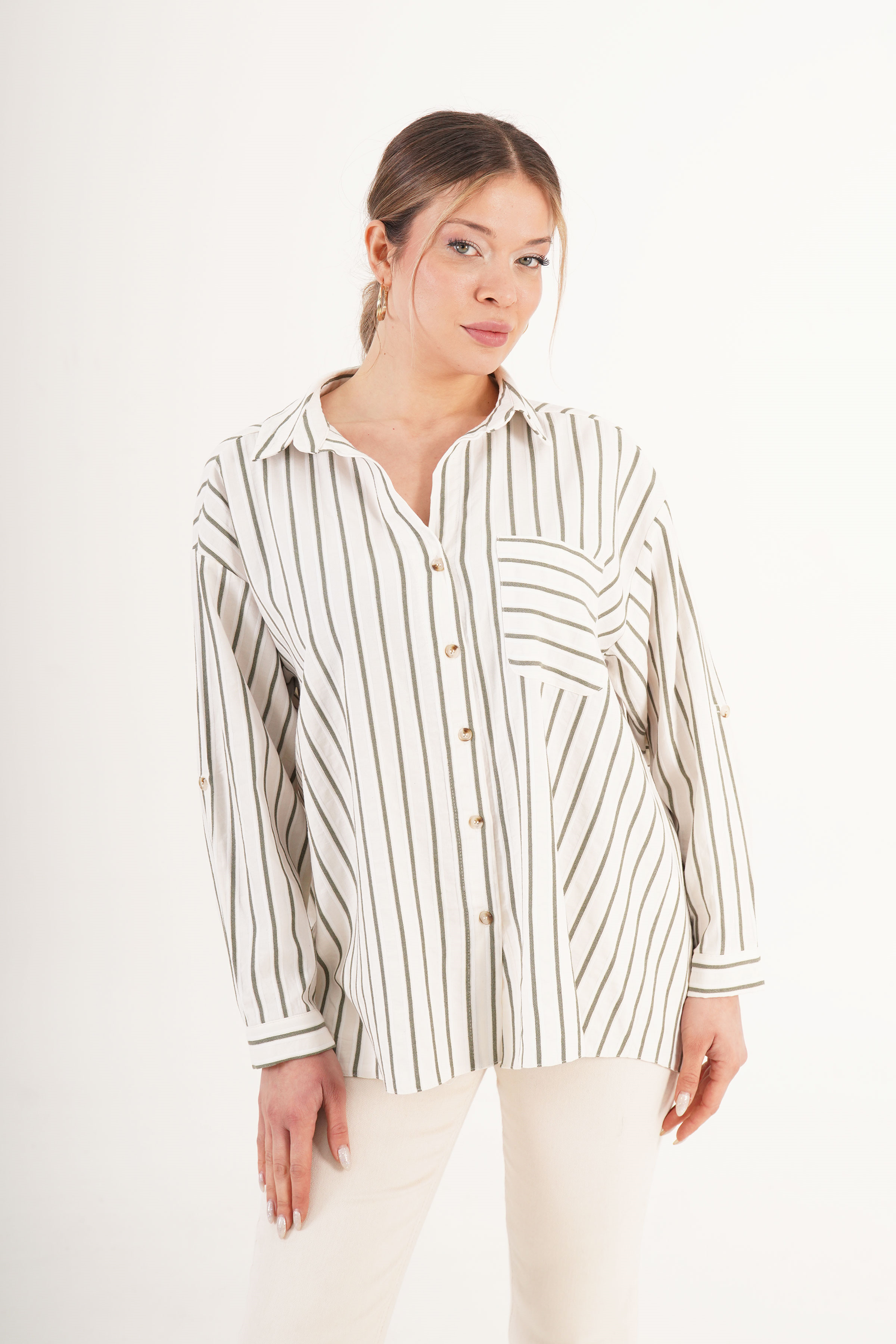 Keten Haki Çizgili Cepli Dökümlü Toptan Gömlek