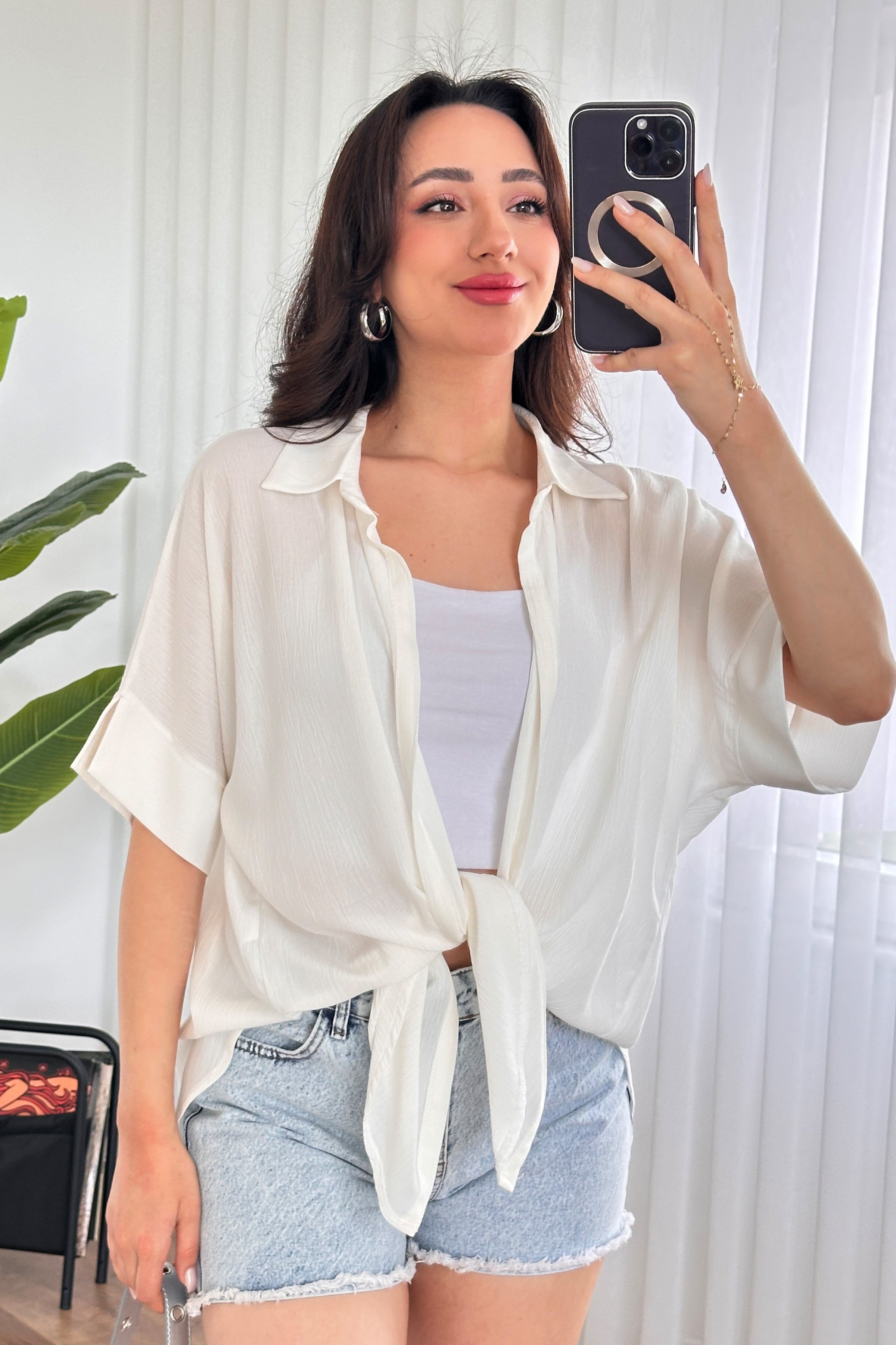 Kısa Kol Basic Kimono Toptan Ekru Bluz