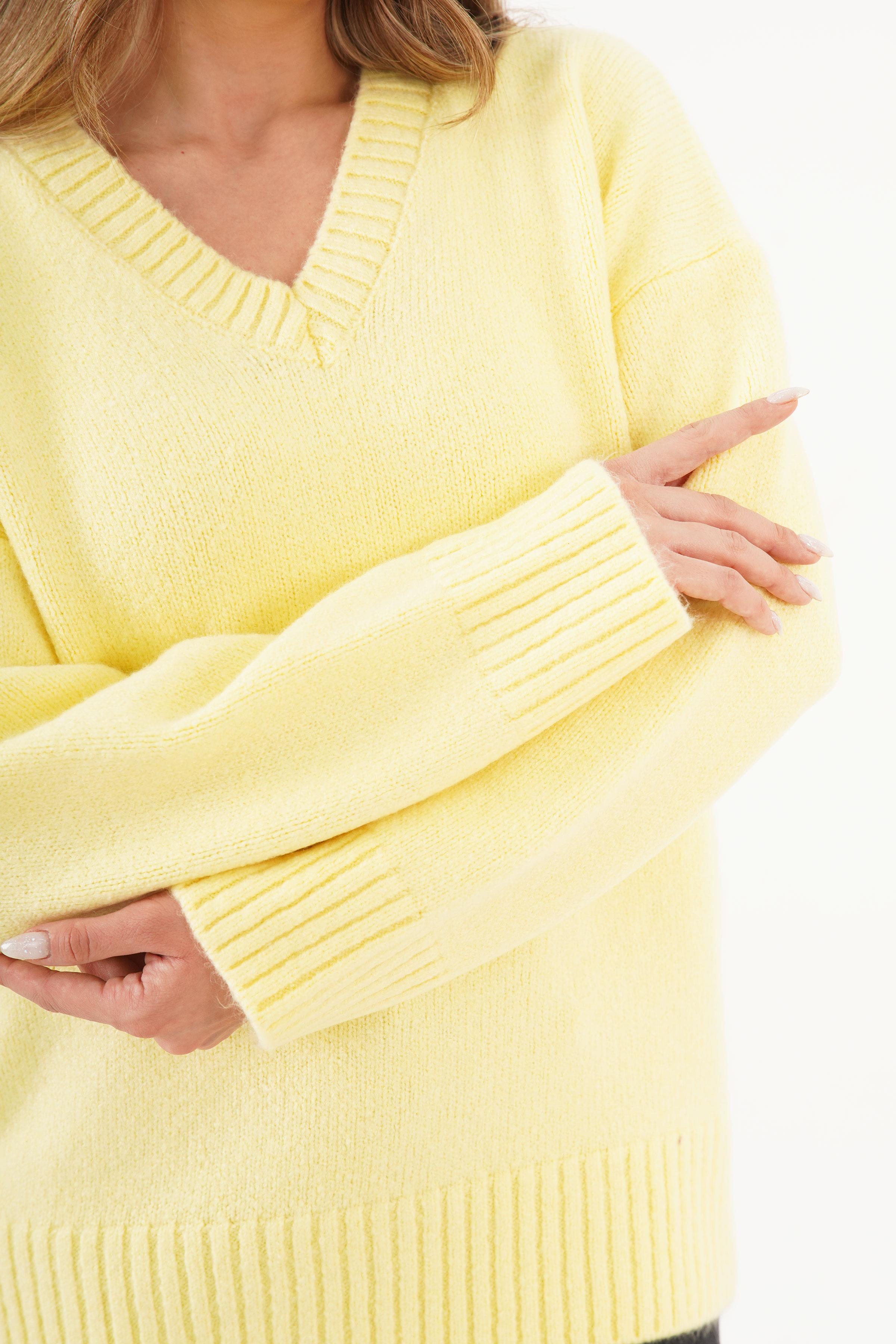 V Yaka Kalın Ribanalı Toptan Sarı Kazak